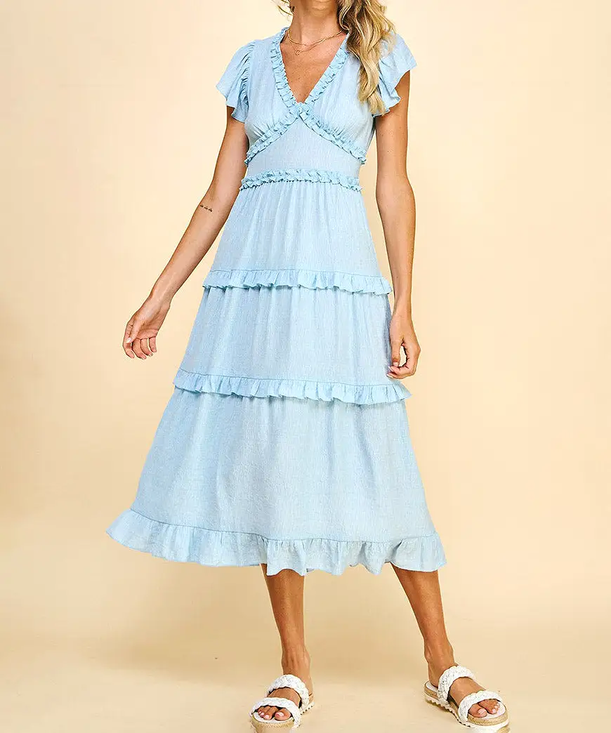 Ruffled Midi Dress - Pastel Blue