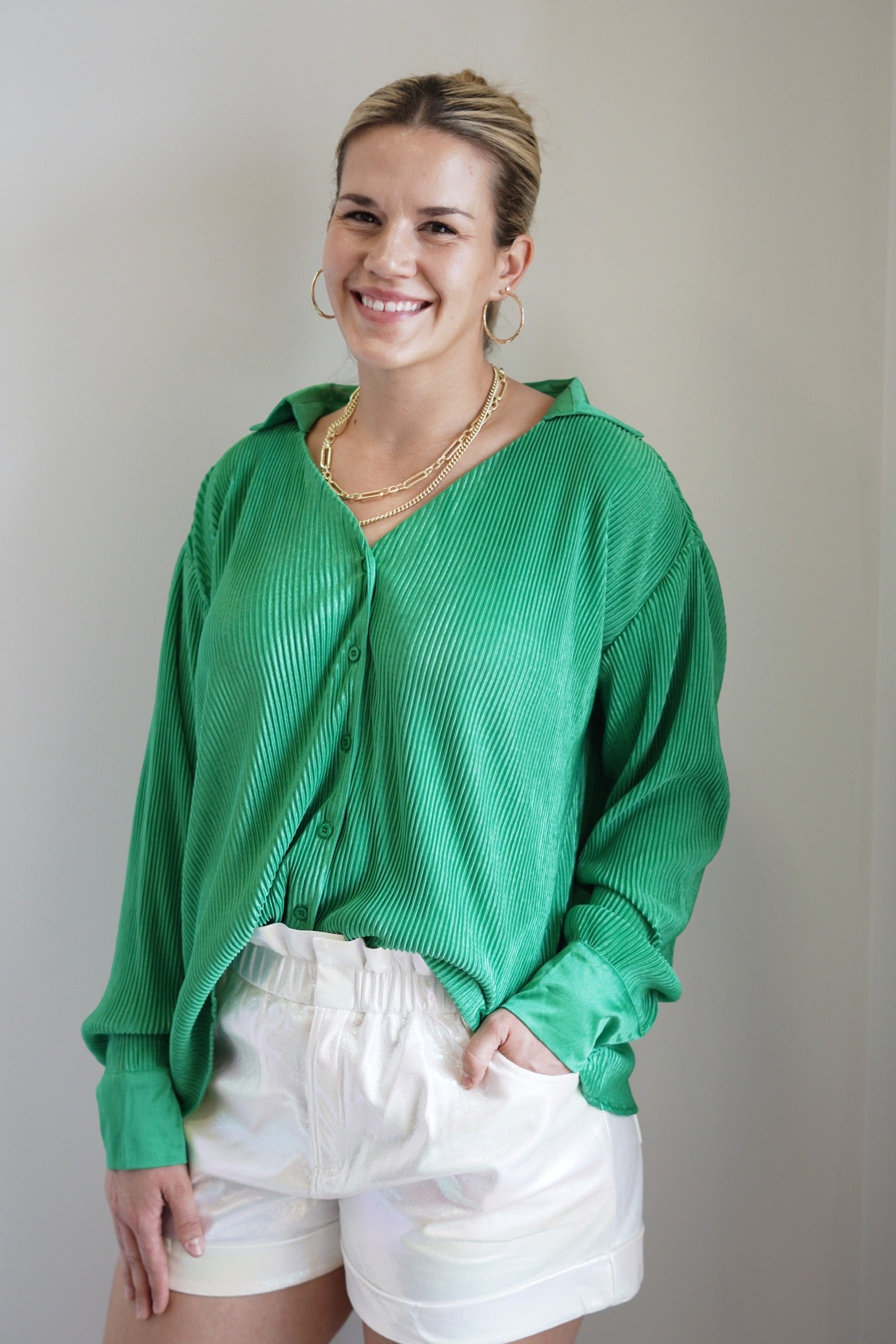 Sage Satin Pleated Button Up Top