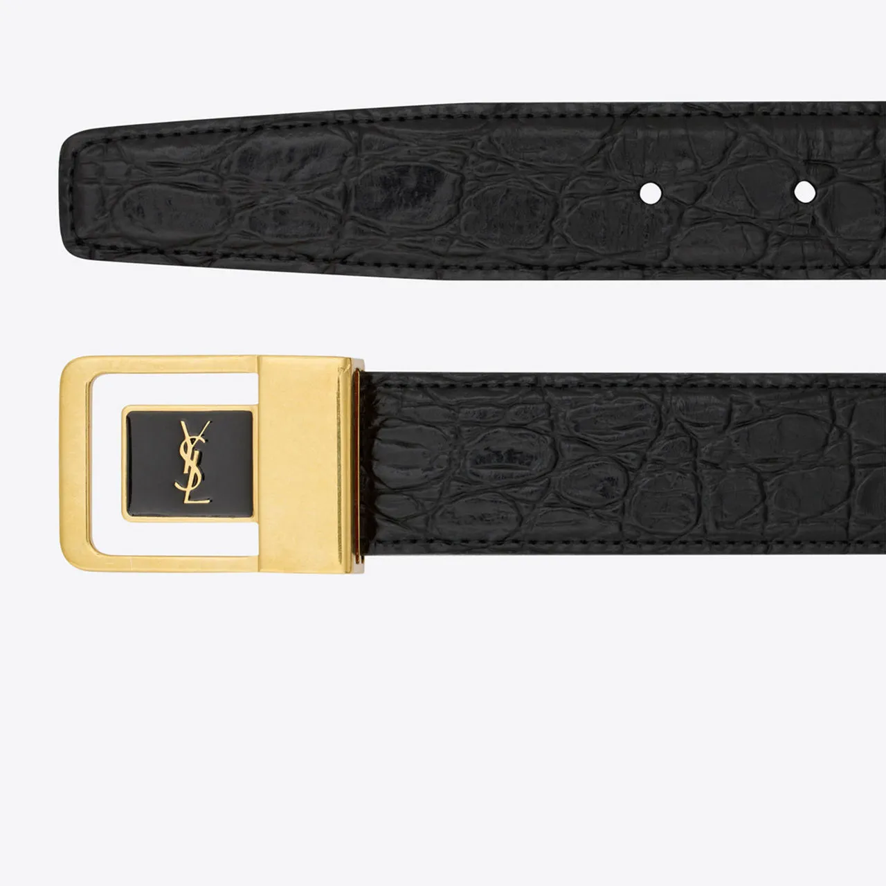 SAINT LAURENT Croc-Embossed Logo Buckle Leather Belt - NERONERO