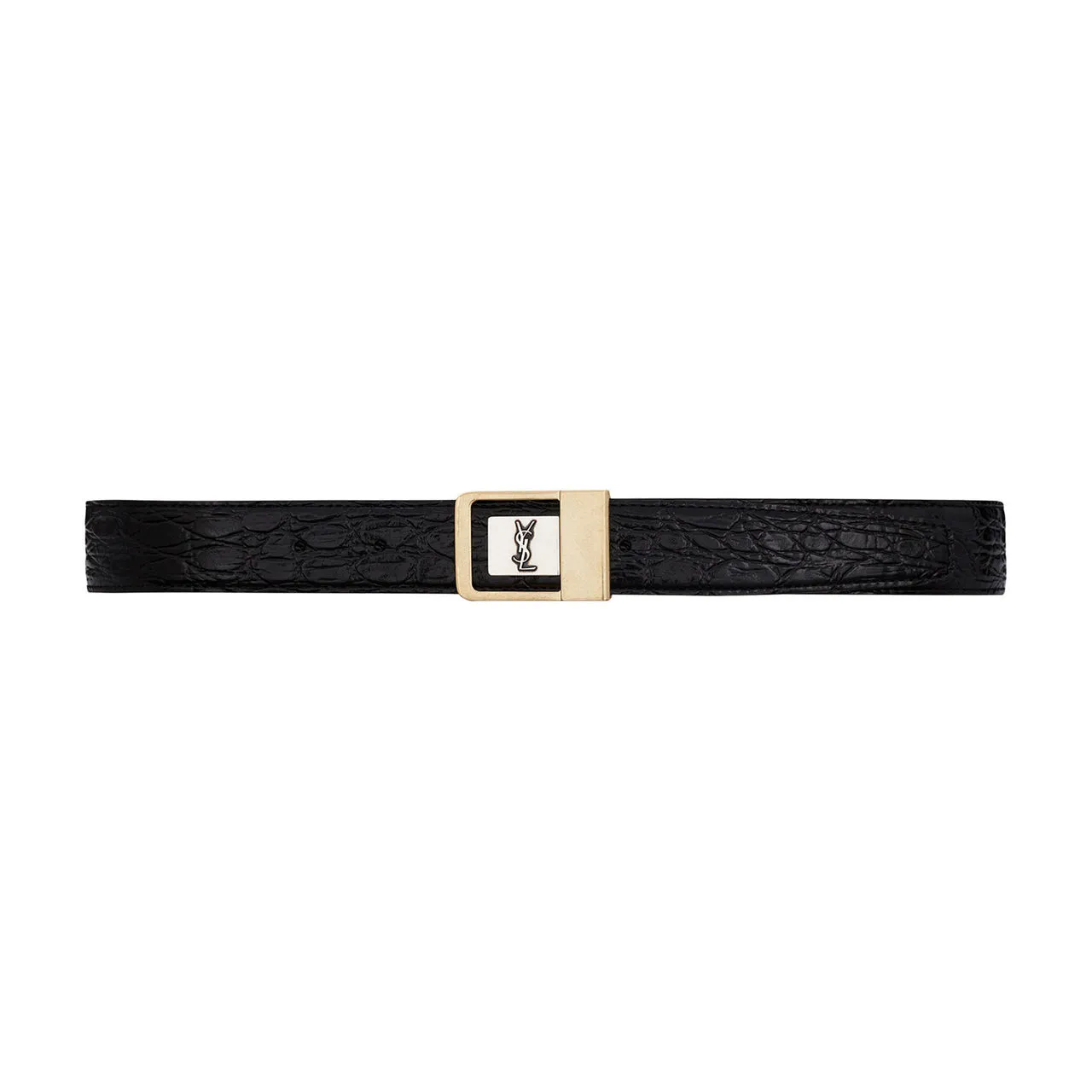 SAINT LAURENT Female Croc-Embossed Leather Buckle Belt - Black