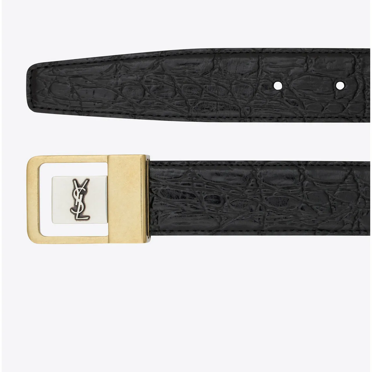 SAINT LAURENT Female Croc-Embossed Leather Buckle Belt - Black