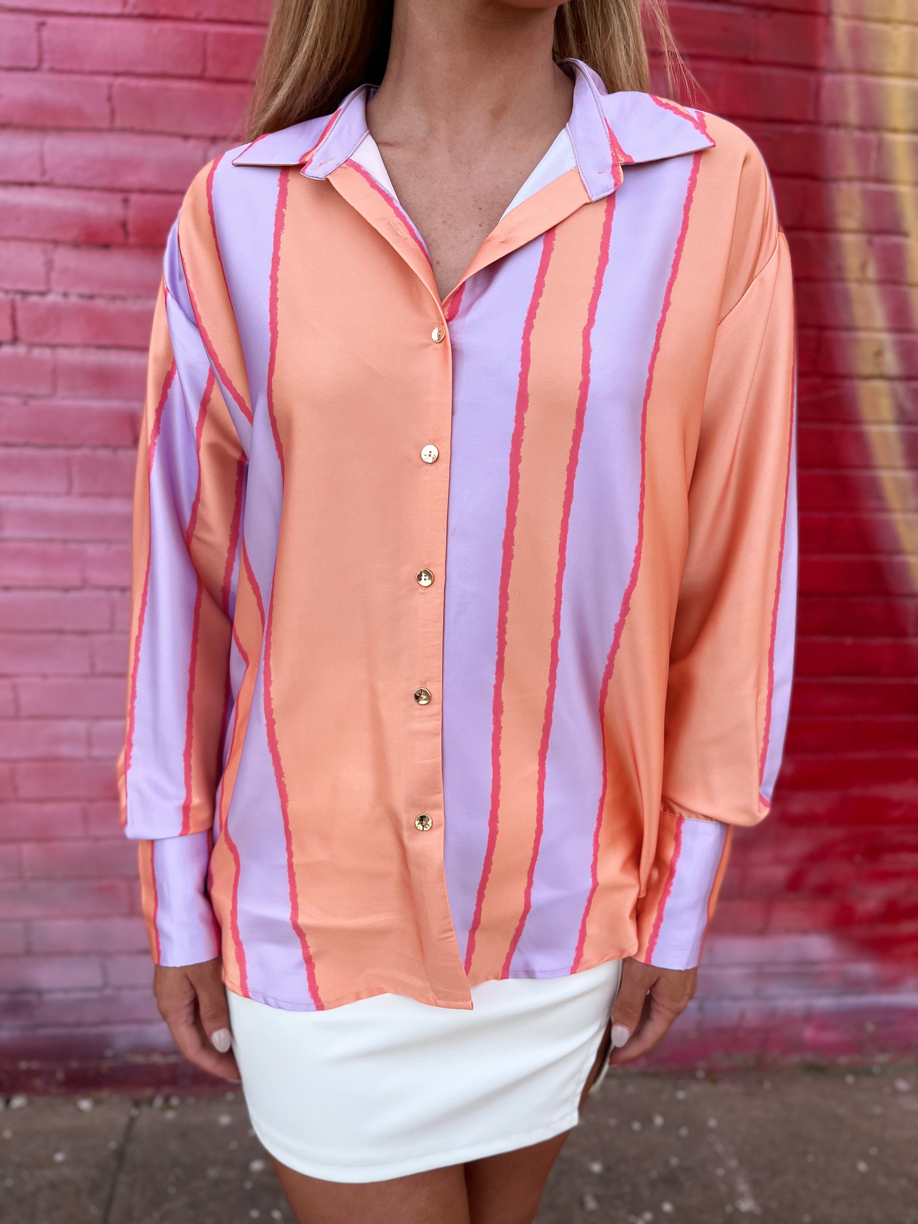 Satin Striped Button Up - Peach