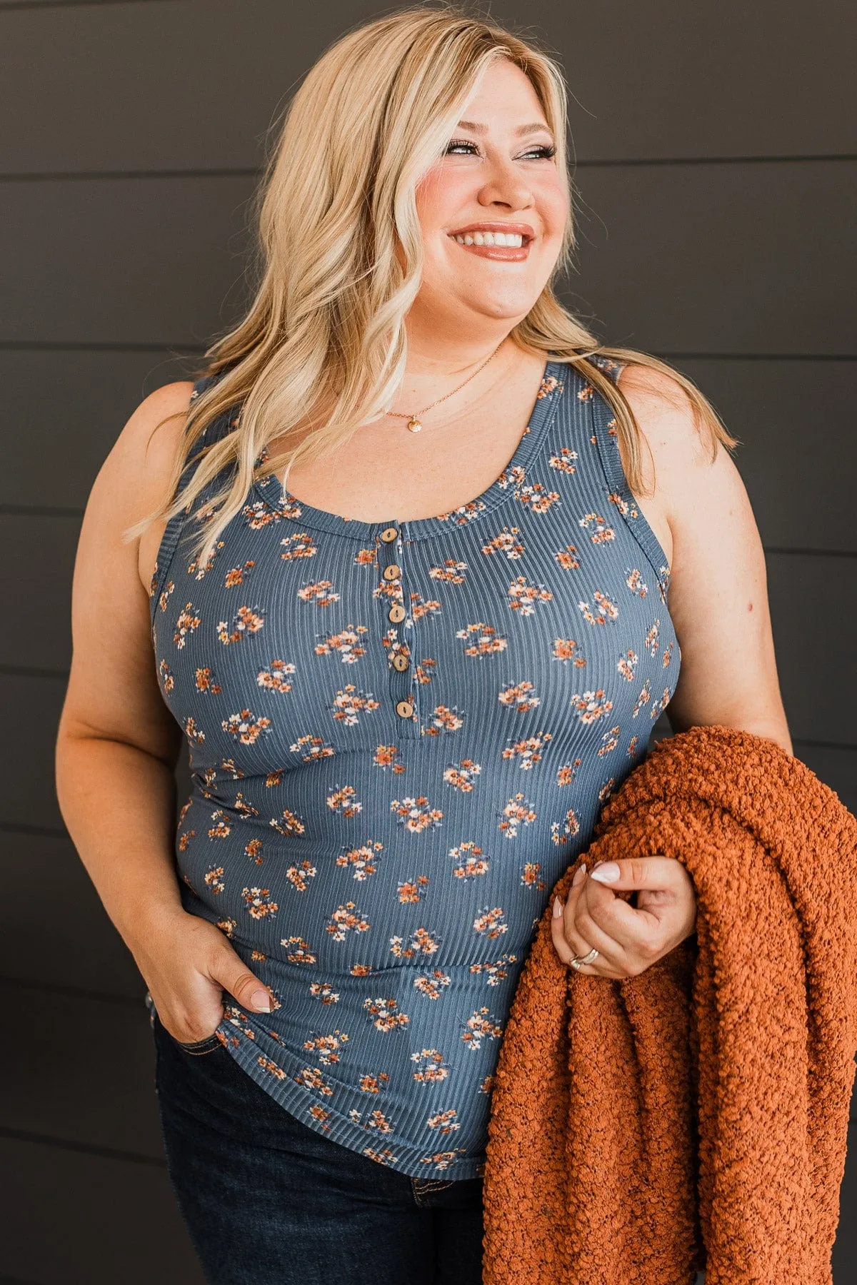 Simply Flourishing Floral Tank Top- Dusty Blue