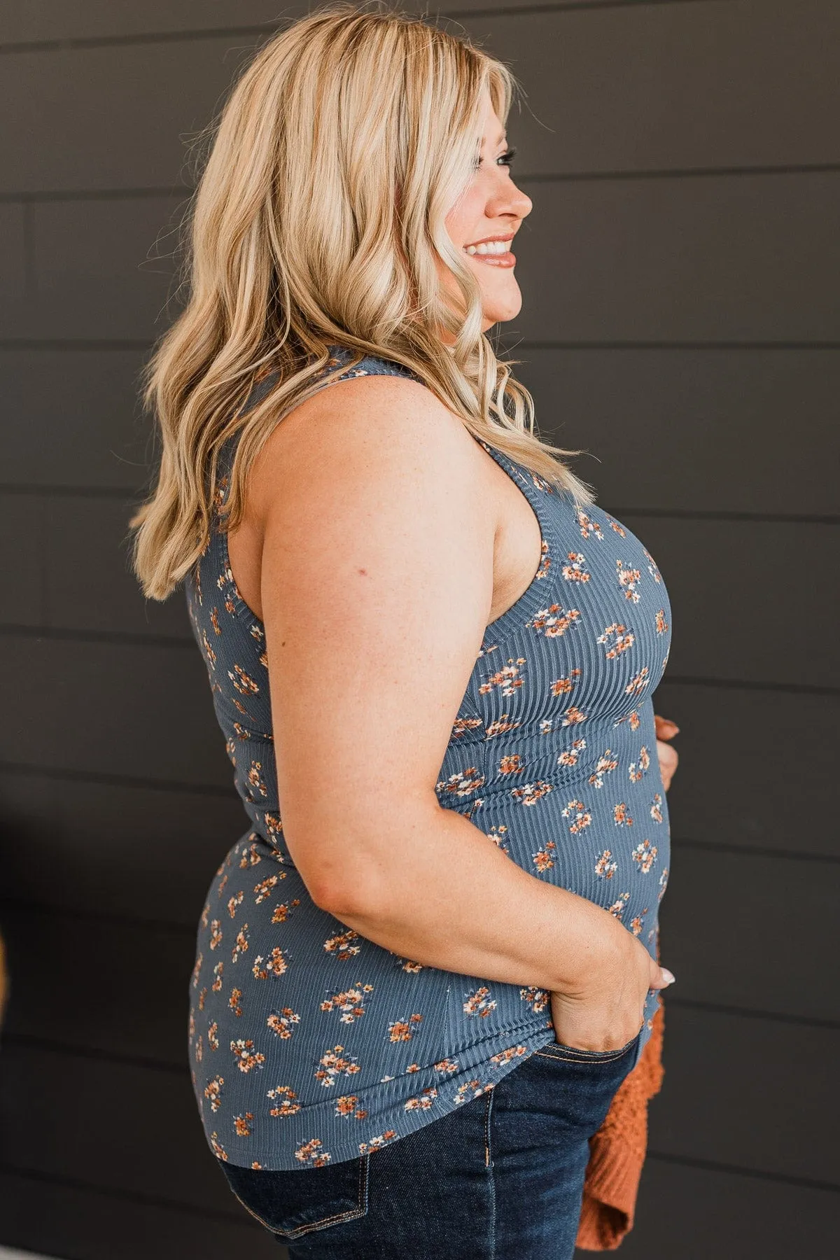 Simply Flourishing Floral Tank Top- Dusty Blue