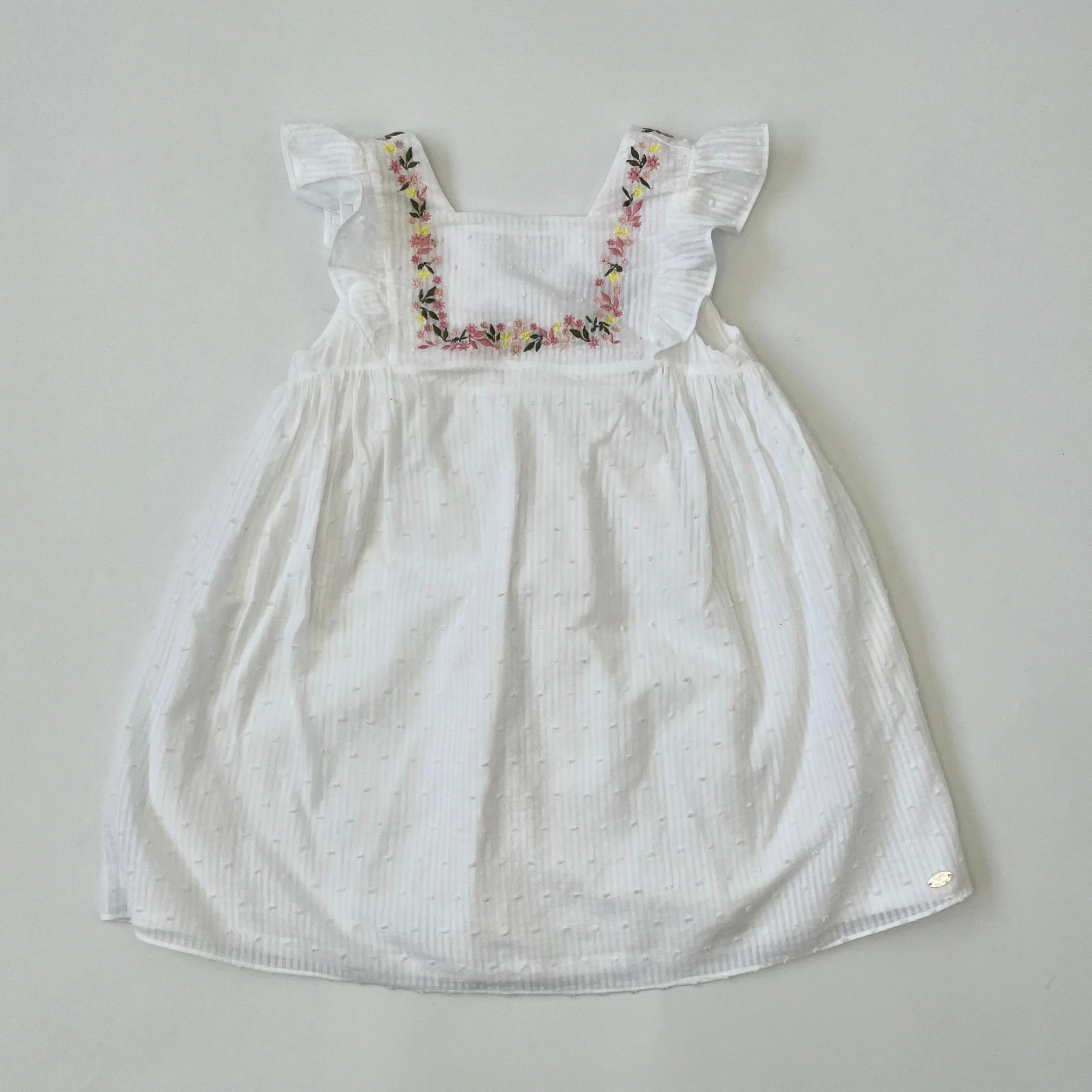 Tartine et Chocolat White Swiss Dot Dress With Floral Embroidery: 4 Years