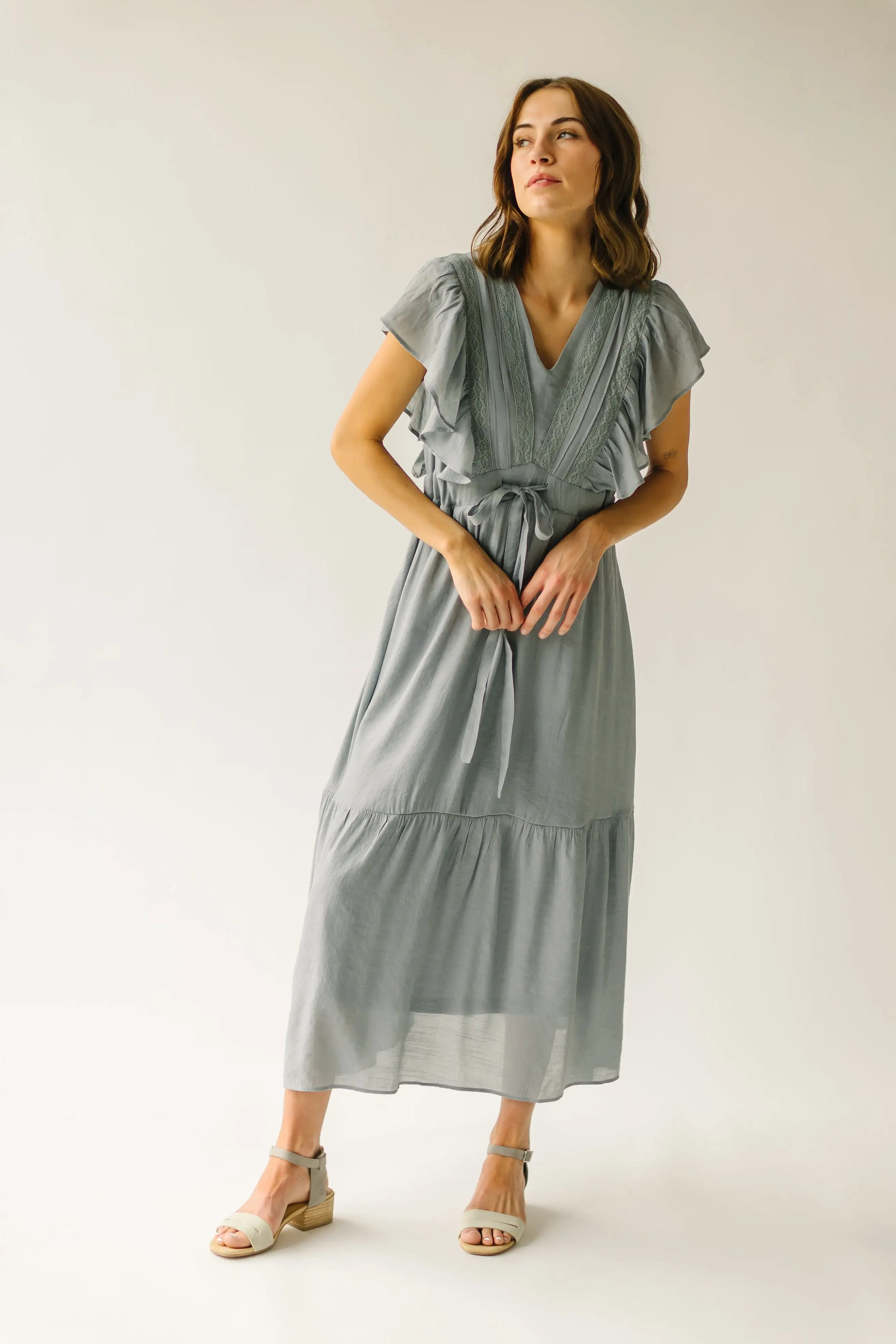 The Clovis Ruffle Sleeve Midi Dress in Dusty Blue