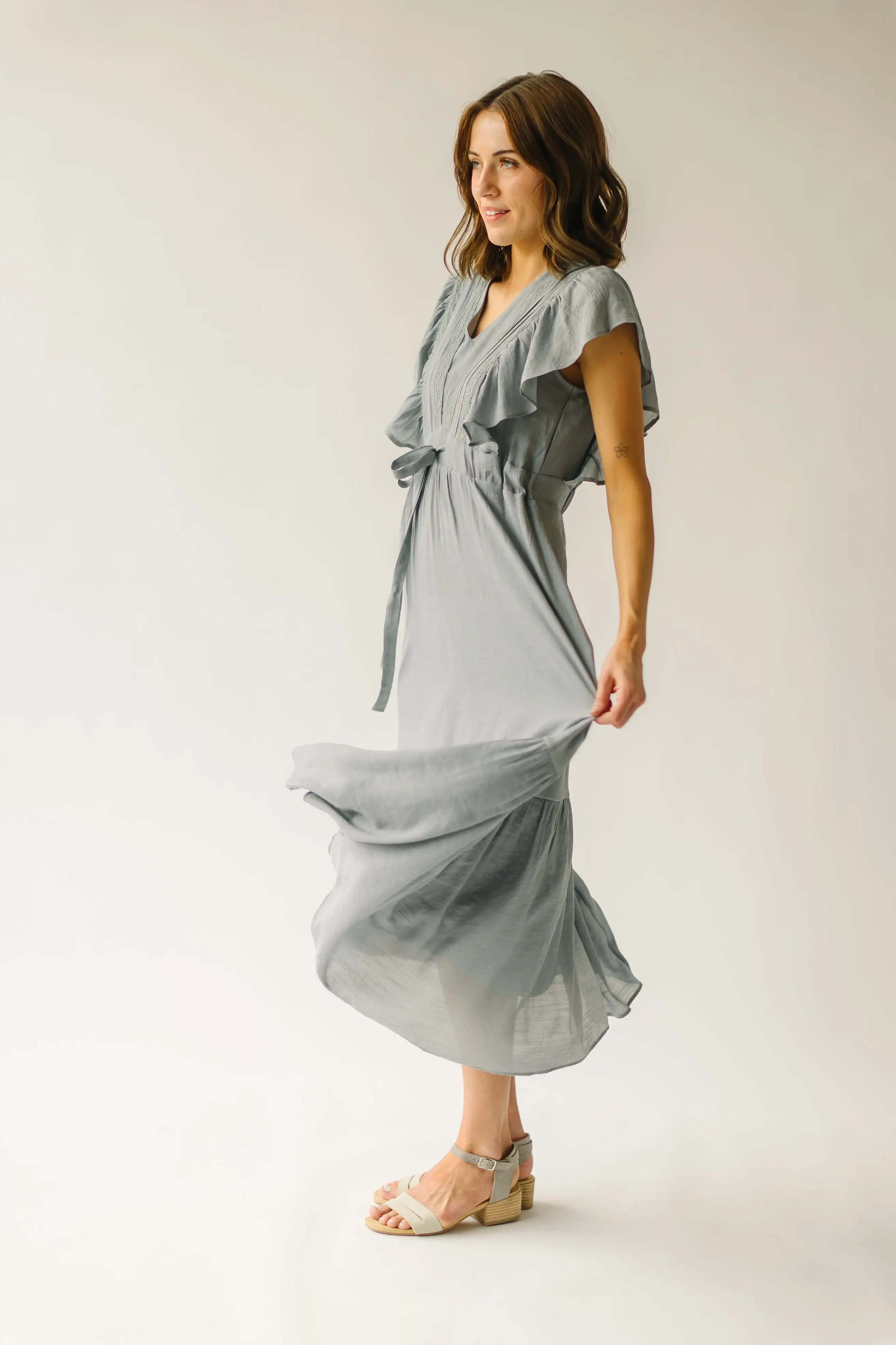 The Clovis Ruffle Sleeve Midi Dress in Dusty Blue