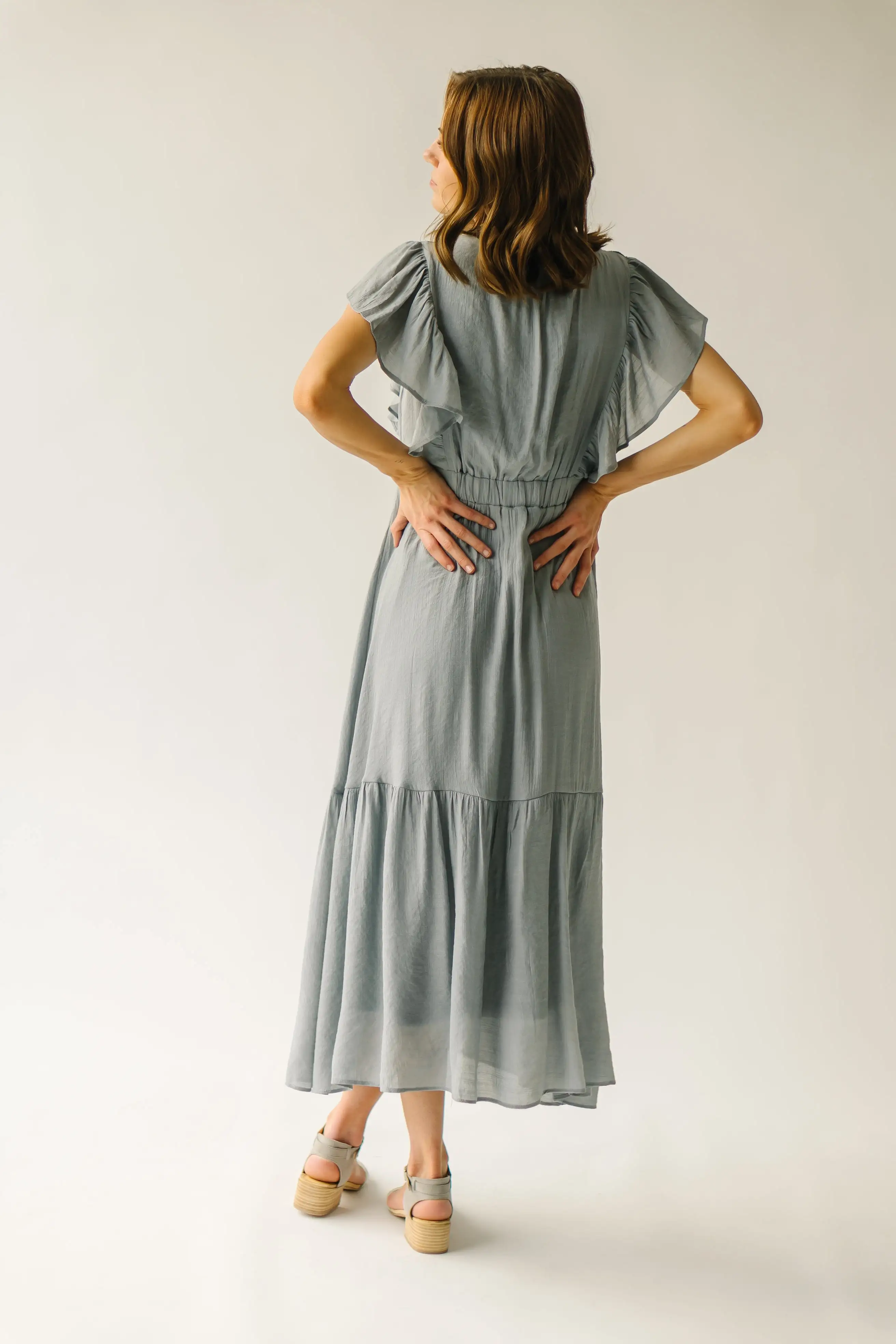 The Clovis Ruffle Sleeve Midi Dress in Dusty Blue