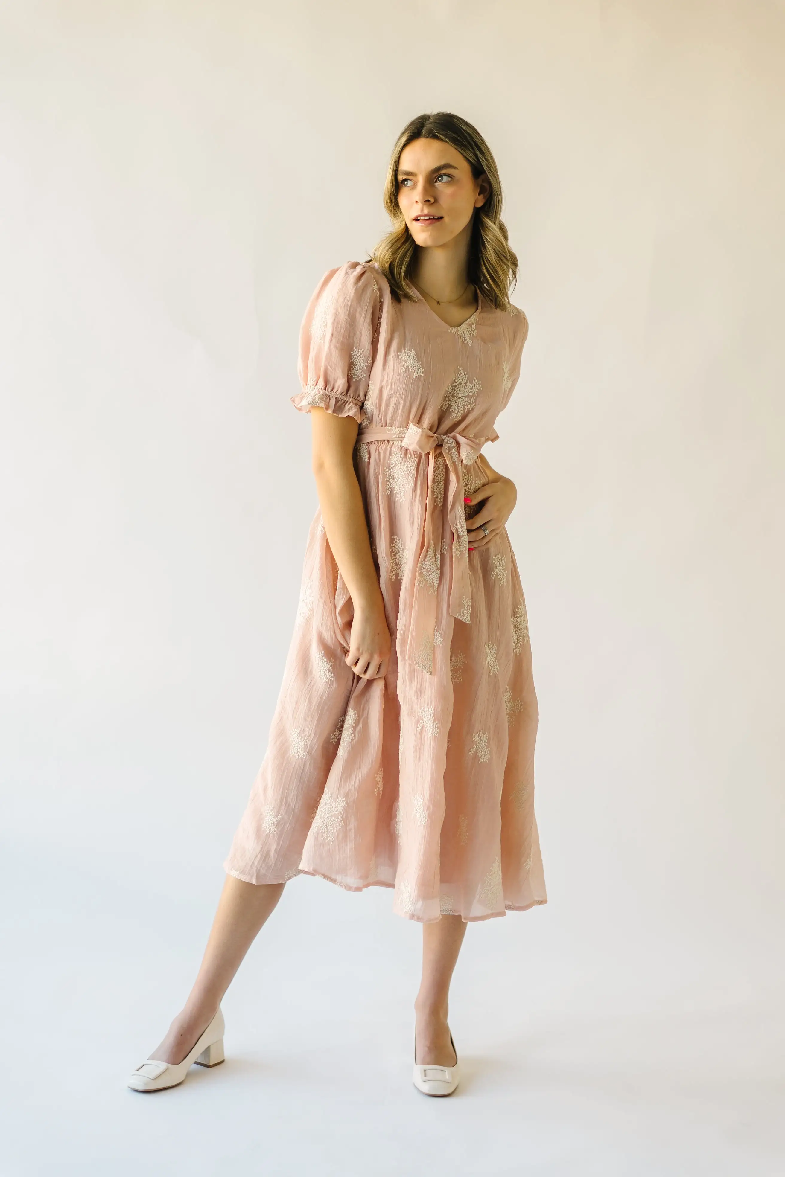 The Pickney V-Neck Embroidered Midi Dress in Blush