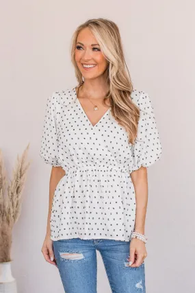 Think Happy Thoughts Swiss Dot Top- White