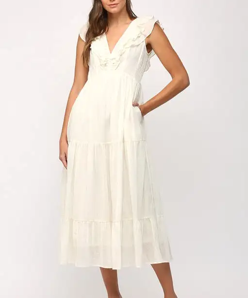 Tiered Midi Dress with Metallic Thread - Cream