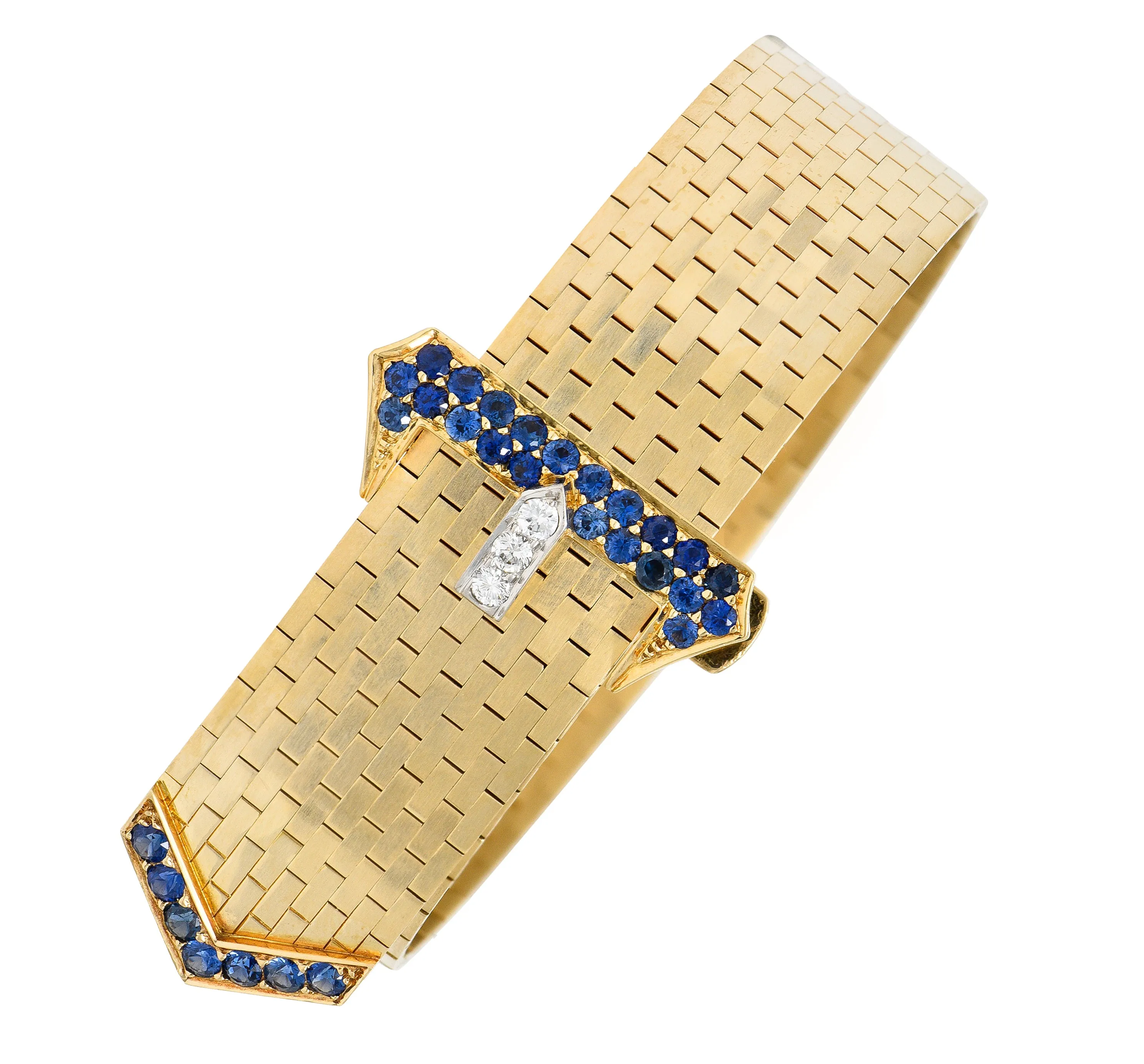 Tiffany & Co. Sapphire Diamond Platinum 14 Karat Yellow Gold Woven Mesh Belt Buckle Vintage Bracelet