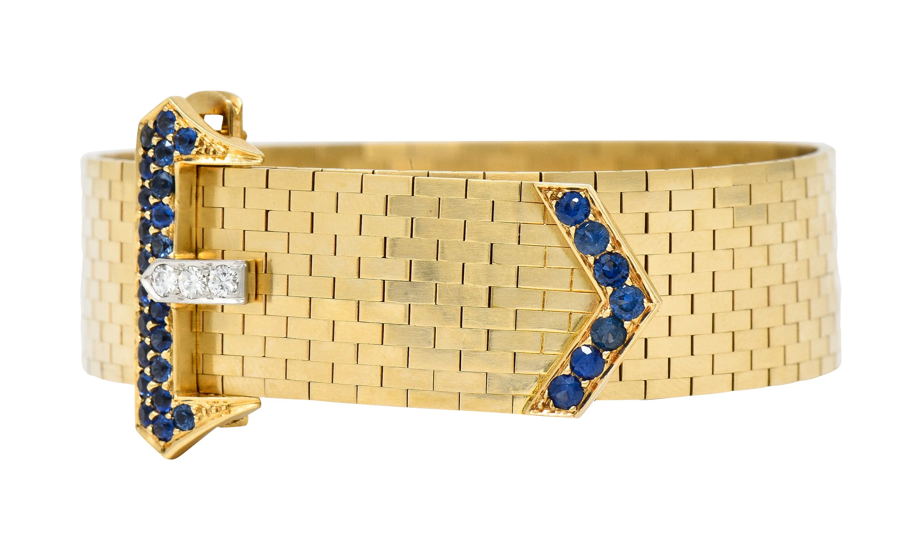 Tiffany & Co. Sapphire Diamond Platinum 14 Karat Yellow Gold Woven Mesh Belt Buckle Vintage Bracelet