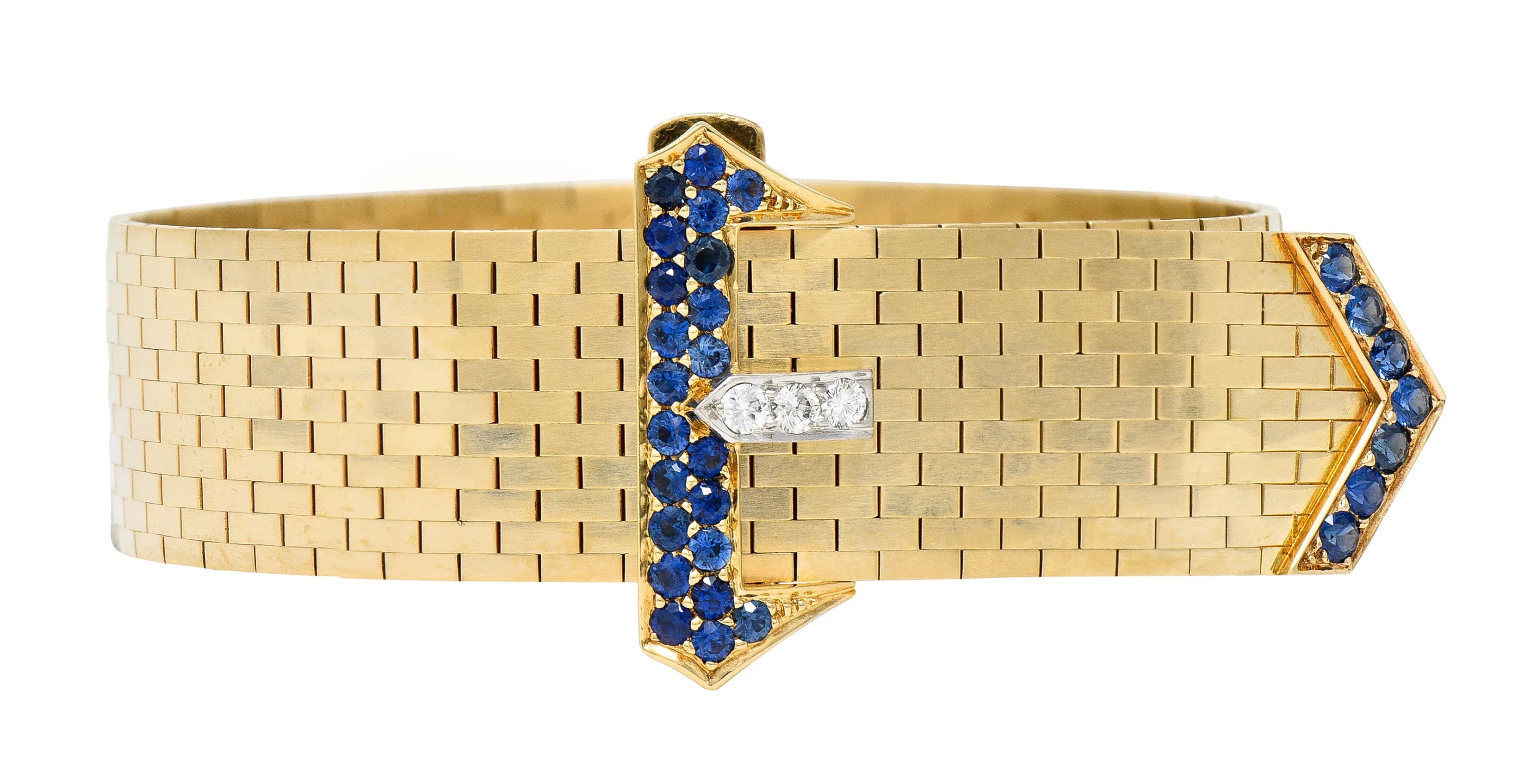 Tiffany & Co. Sapphire Diamond Platinum 14 Karat Yellow Gold Woven Mesh Belt Buckle Vintage Bracelet