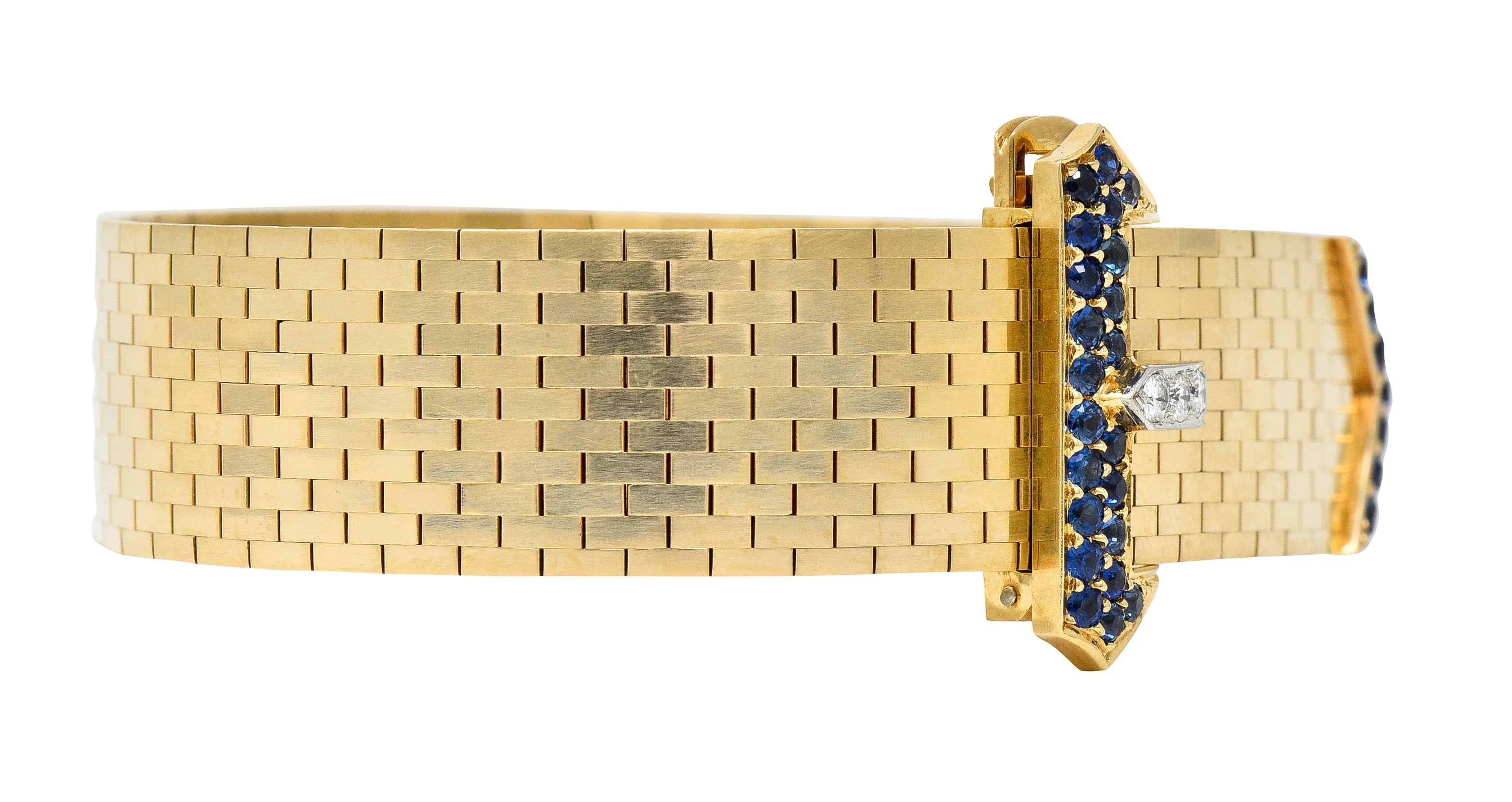 Tiffany & Co. Sapphire Diamond Platinum 14 Karat Yellow Gold Woven Mesh Belt Buckle Vintage Bracelet