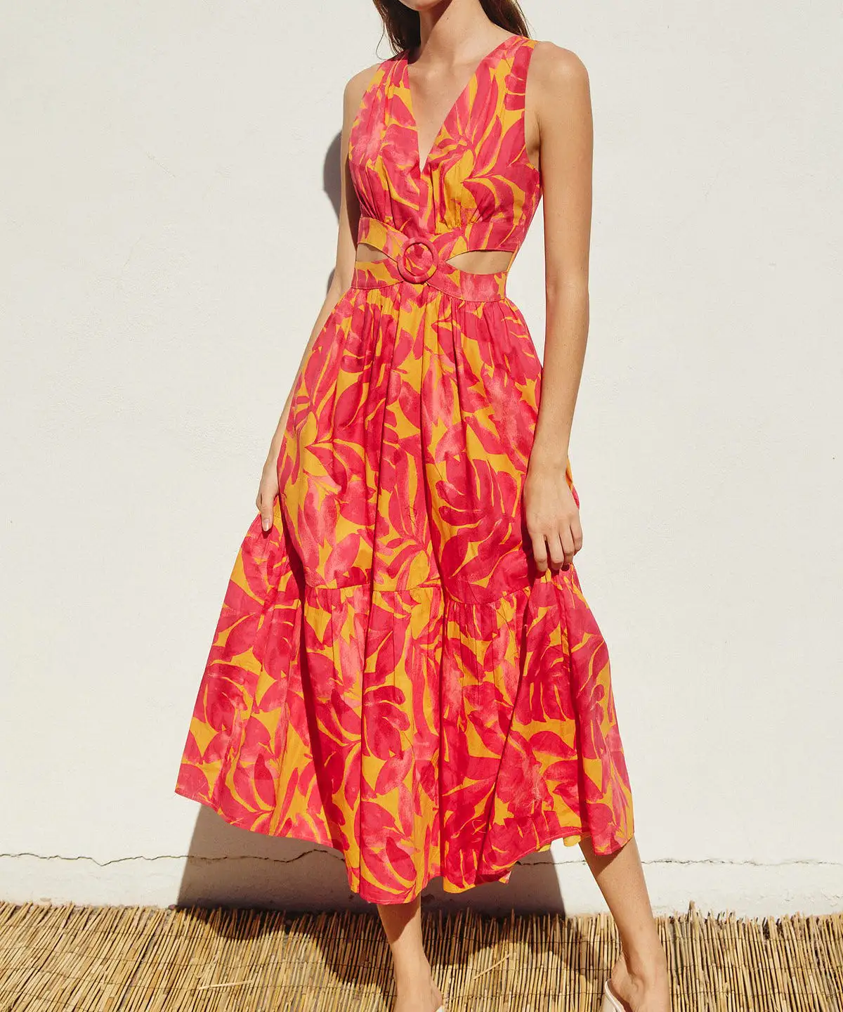 Tropical Print O Ring Cut Out Midi Dress - Sunset Fuchsia