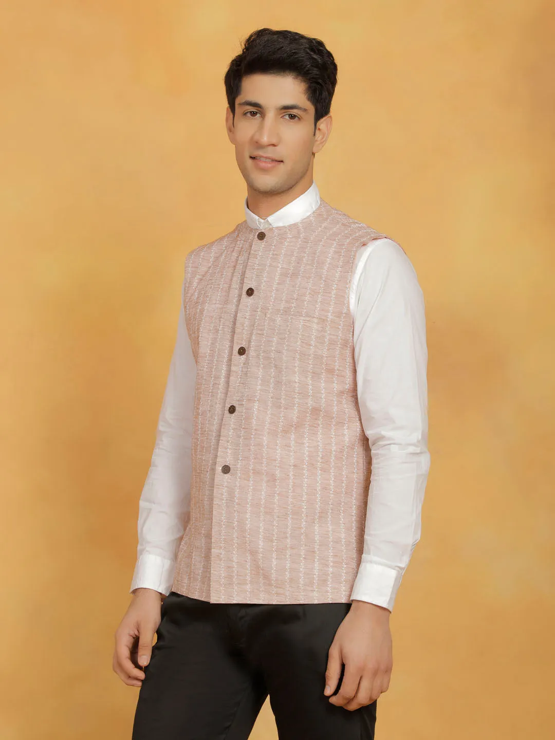 VASTRAMAY Men's Beige Cotton Nehru Jacket