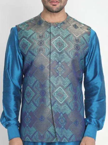 VASTRAMAY Men's Green Silk Blend Ethnic Jacket