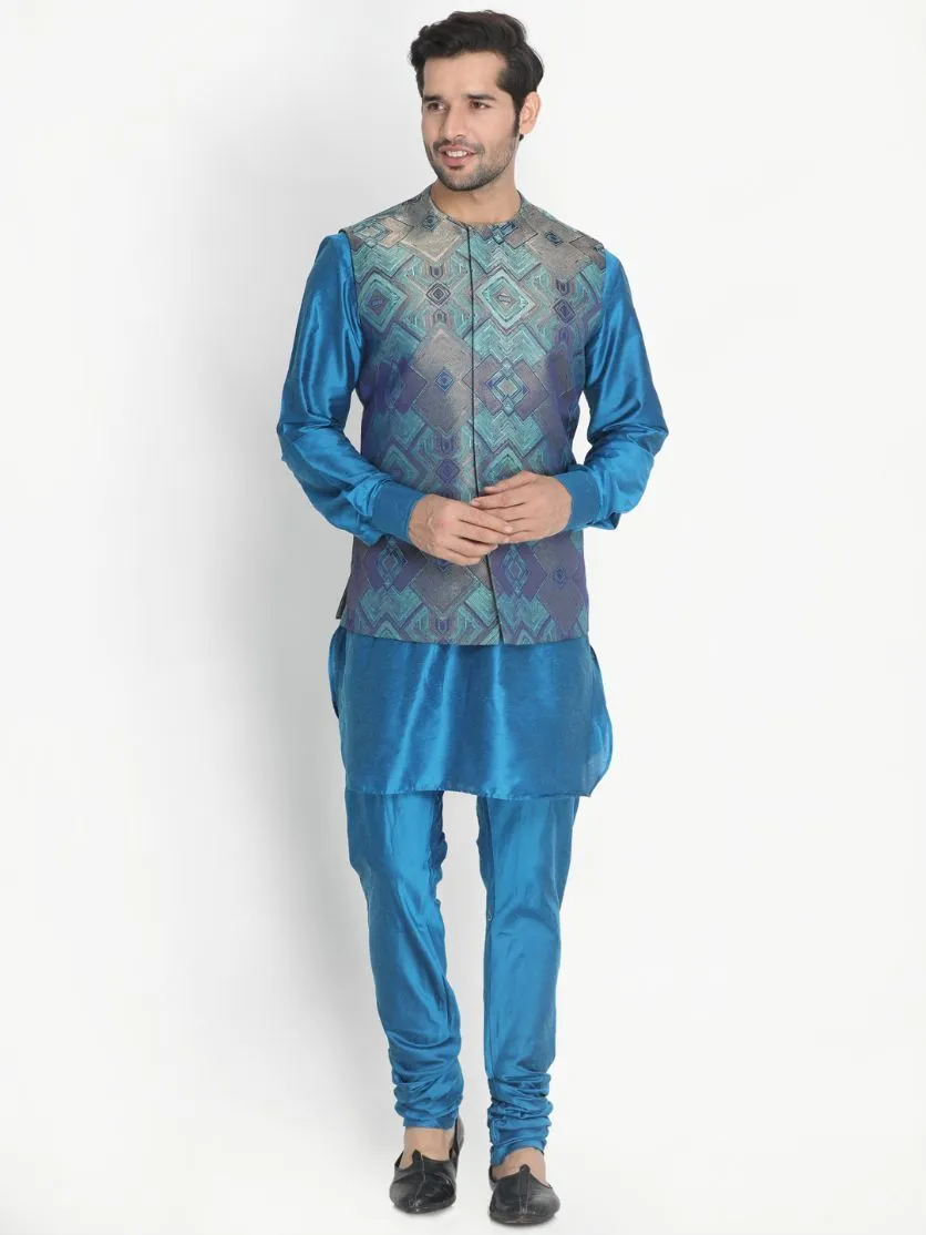 VASTRAMAY Men's Green Silk Blend Ethnic Jacket