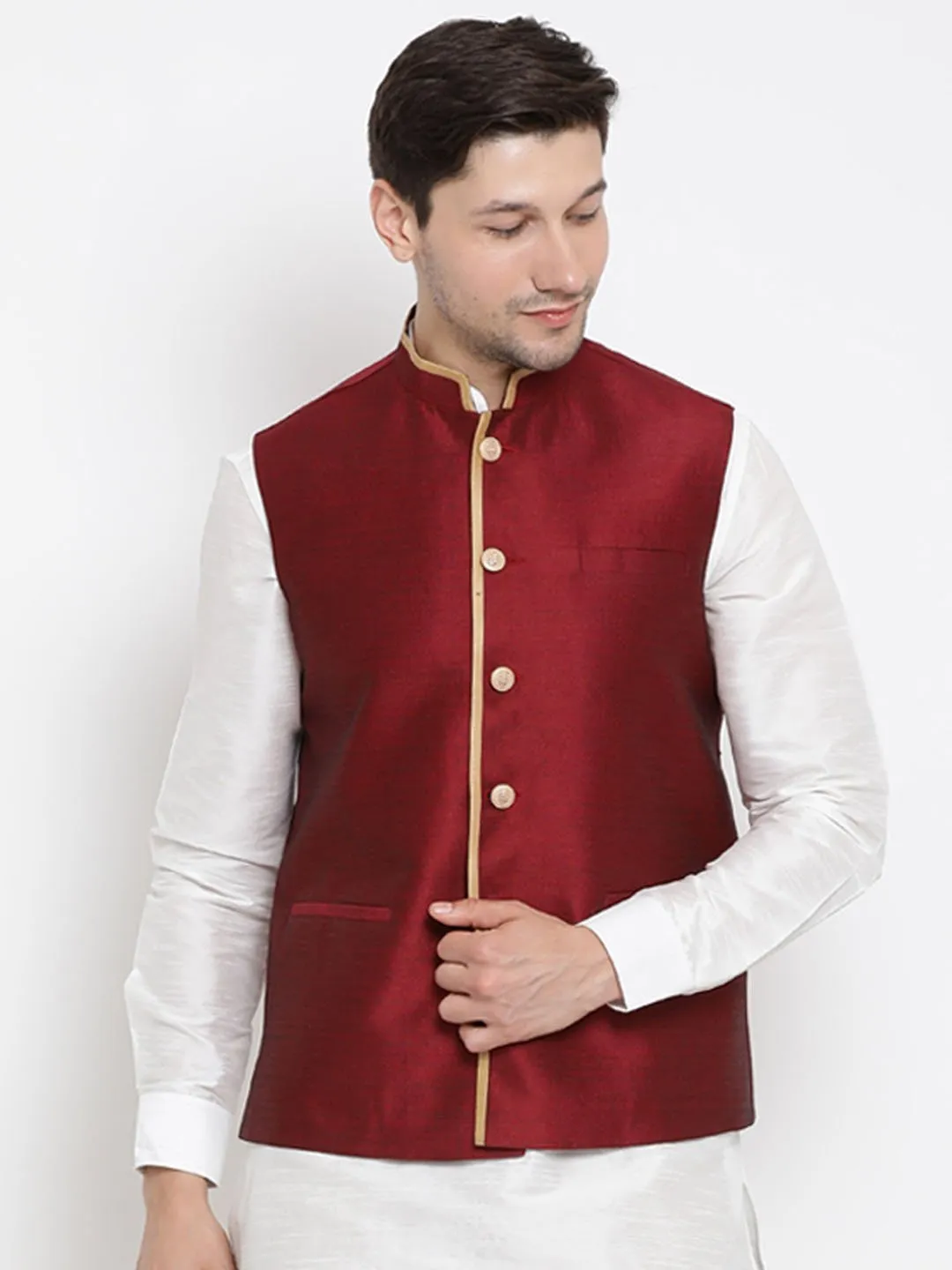 VASTRAMAY Men's Maroon Cotton Silk Blend Ethnic Jacket