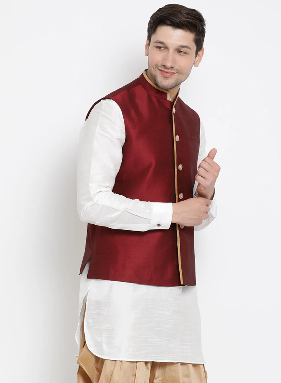 VASTRAMAY Men's Maroon Cotton Silk Blend Ethnic Jacket