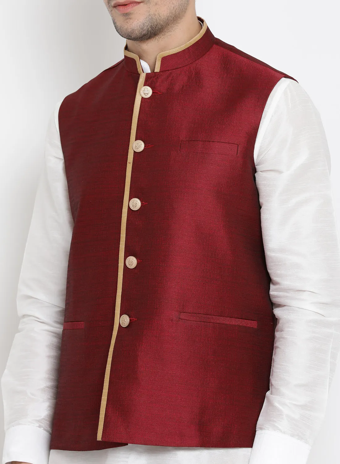 VASTRAMAY Men's Maroon Cotton Silk Blend Ethnic Jacket