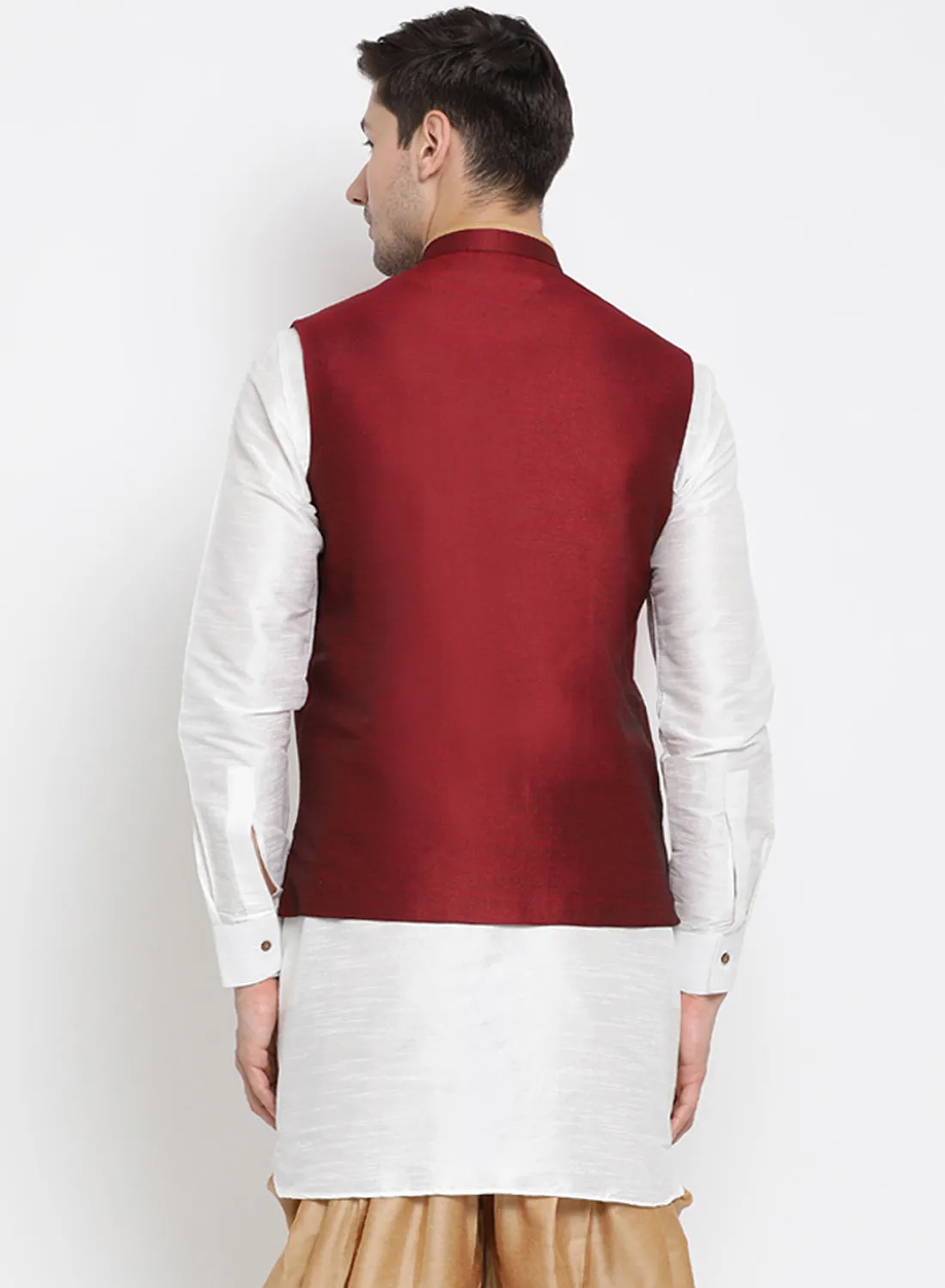 VASTRAMAY Men's Maroon Cotton Silk Blend Ethnic Jacket