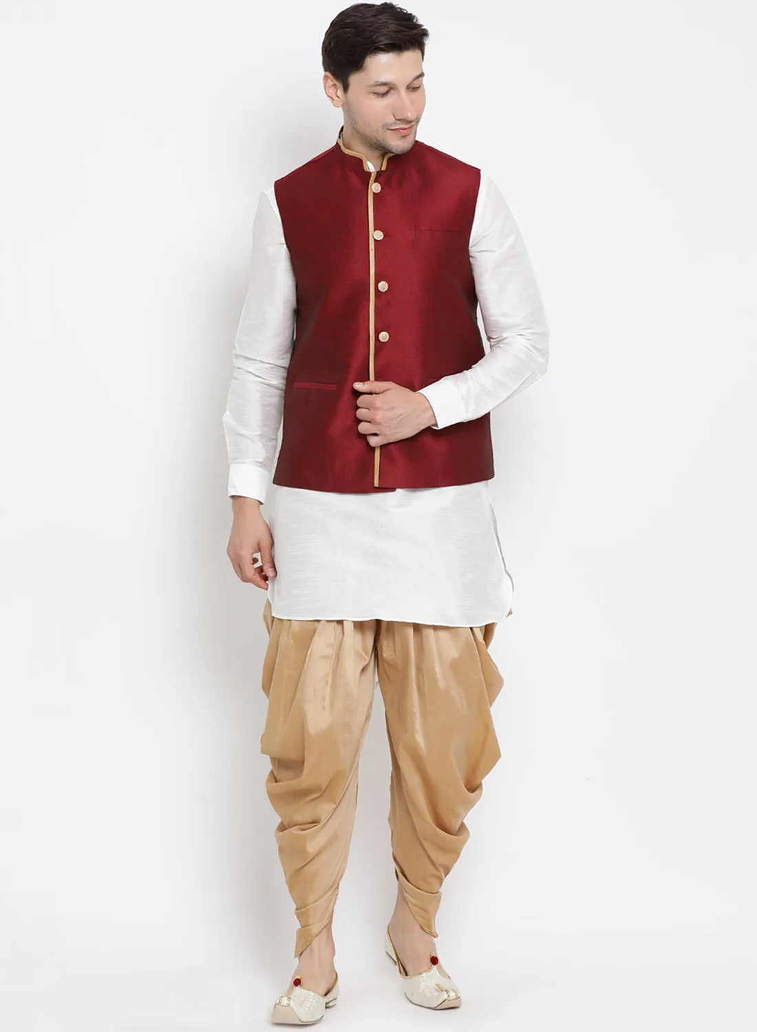 VASTRAMAY Men's Maroon Cotton Silk Blend Ethnic Jacket