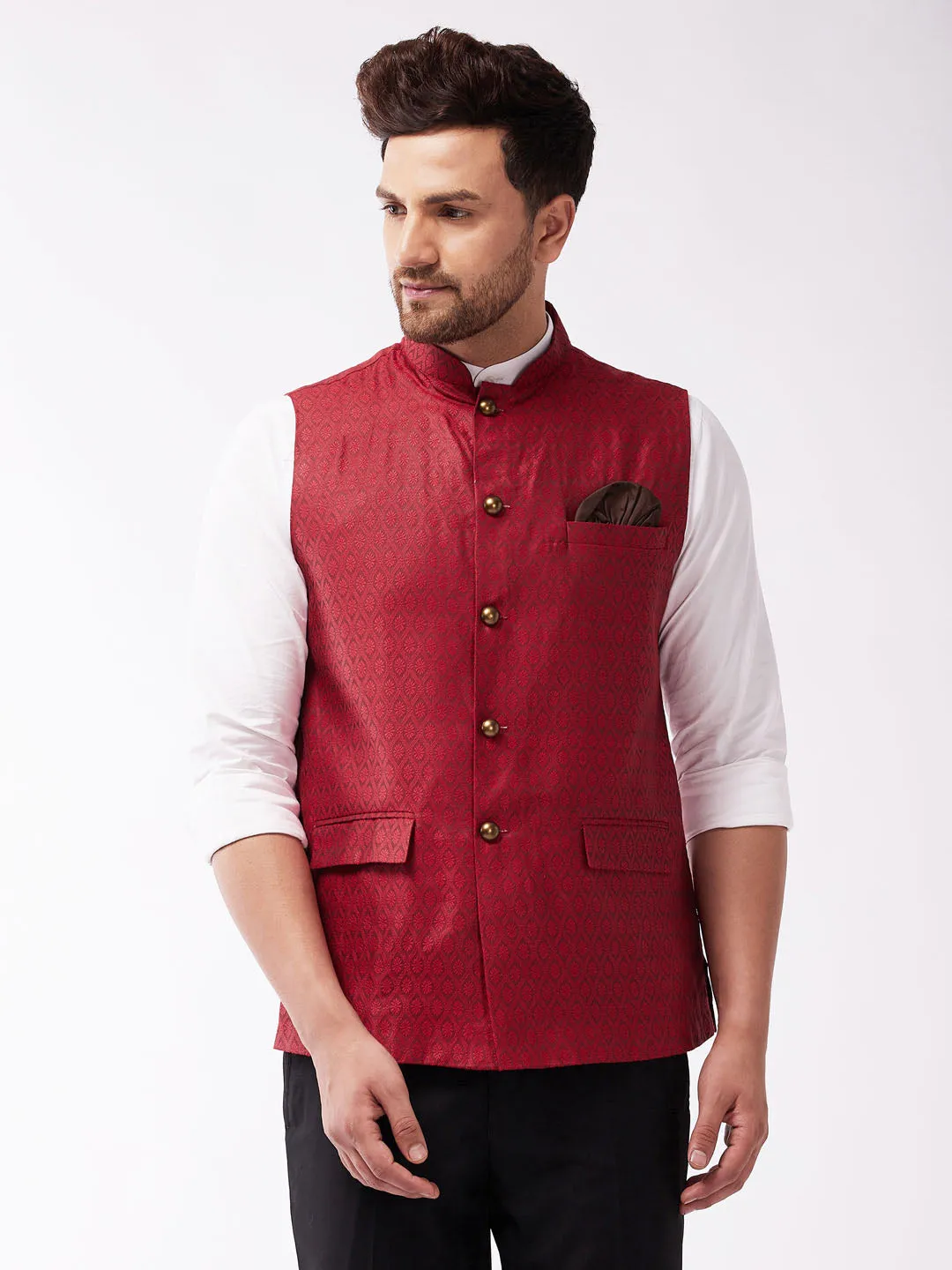 VASTRAMAY Men's Maroon Jacquard Nehru Jacket