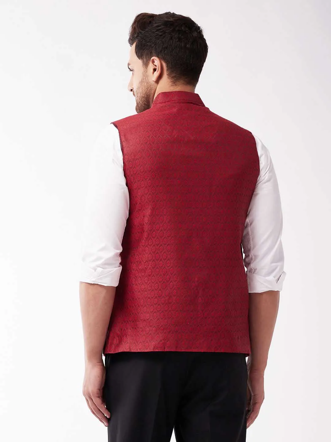 VASTRAMAY Men's Maroon Jacquard Nehru Jacket