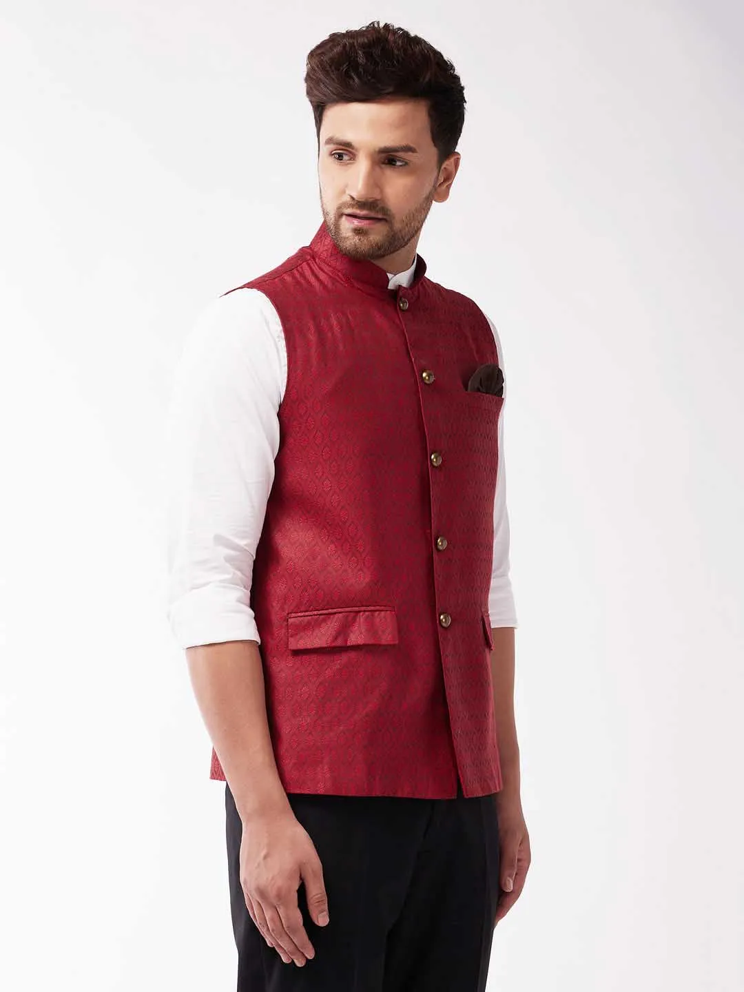 VASTRAMAY Men's Maroon Jacquard Nehru Jacket