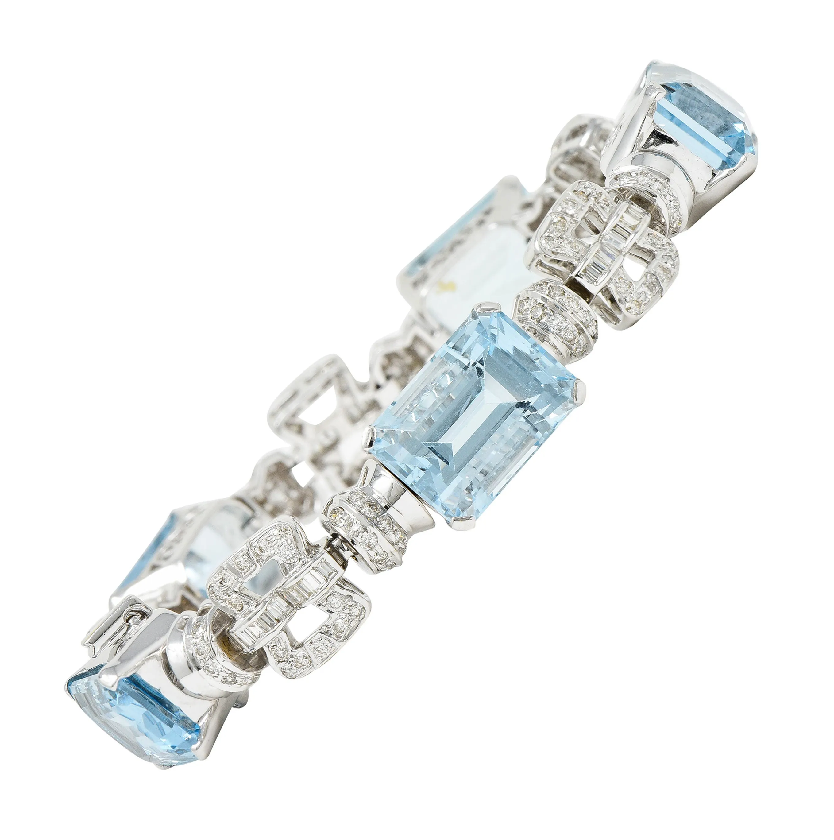 Vintage 47.50 CTW Aquamarine Diamond 18 Karat White Gold Buckle Link Bracelet