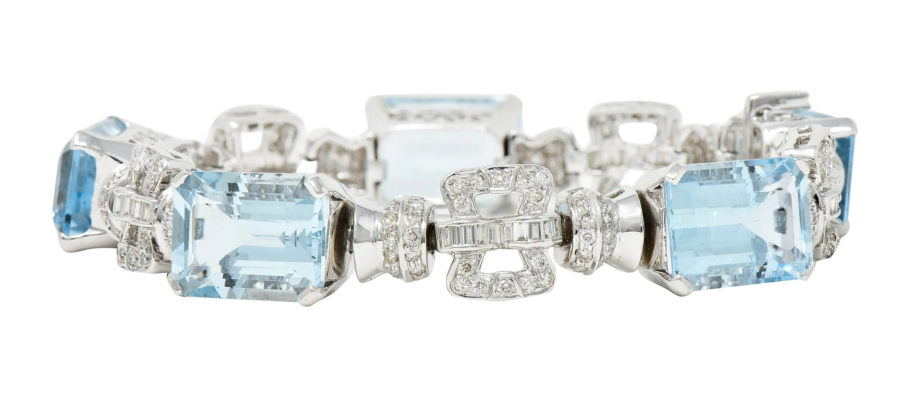 Vintage 47.50 CTW Aquamarine Diamond 18 Karat White Gold Buckle Link Bracelet