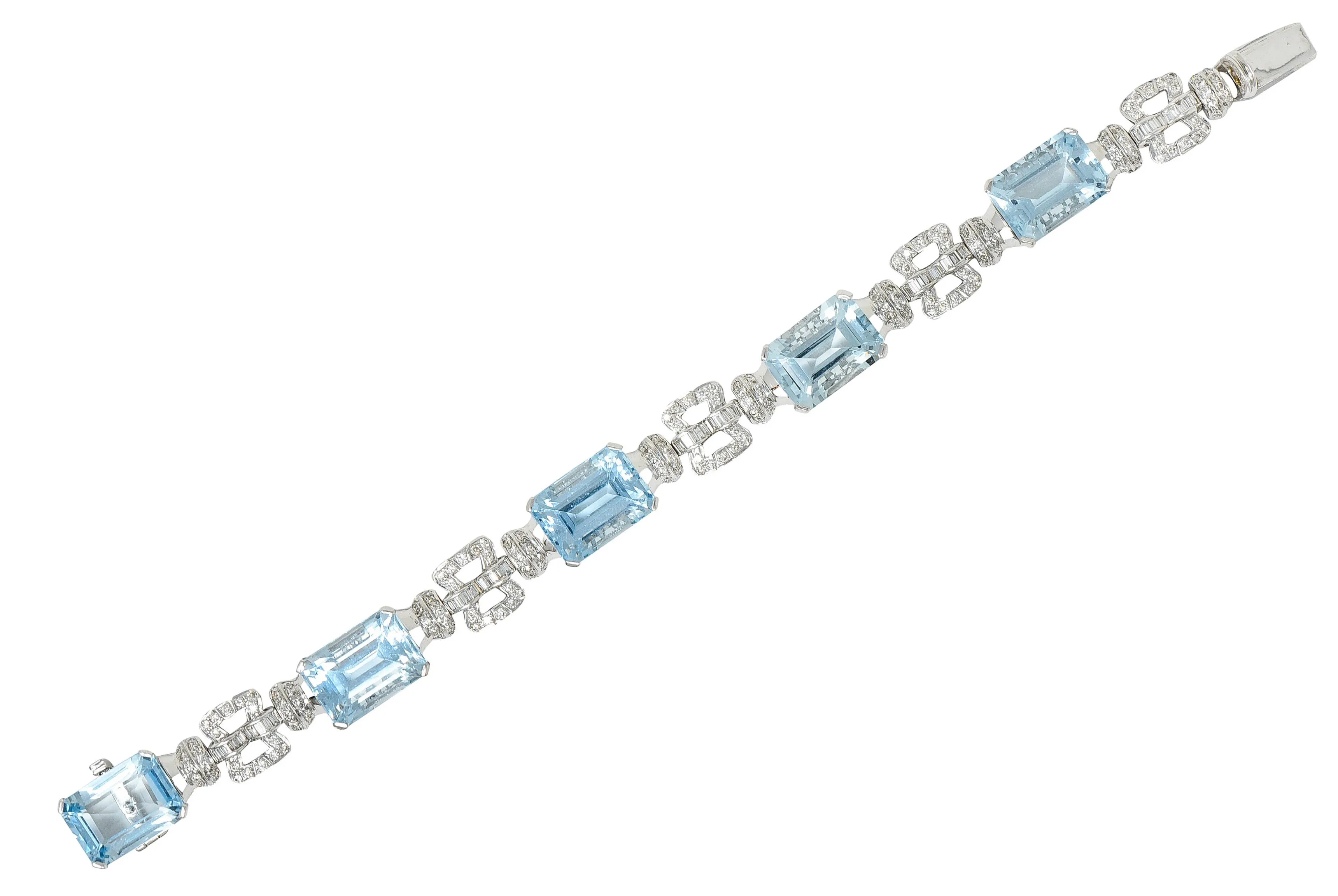 Vintage 47.50 CTW Aquamarine Diamond 18 Karat White Gold Buckle Link Bracelet