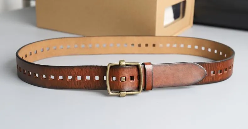 Vintage Male Individual Smooth Genuine Leather Pure Copper Pin Buckle Belt