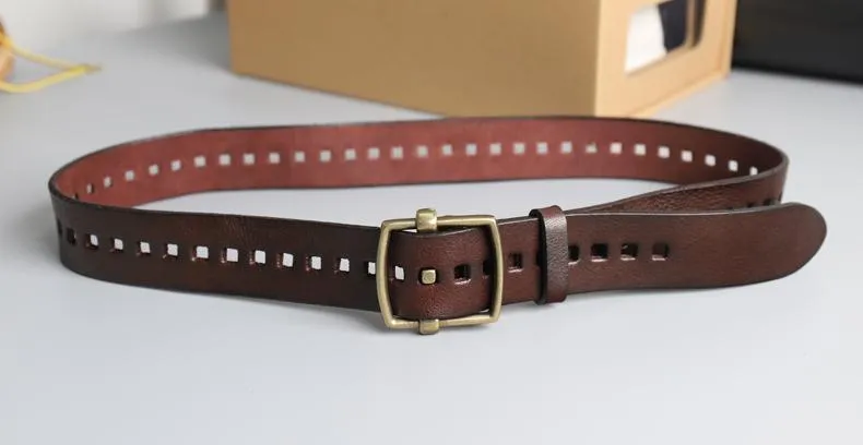 Vintage Male Individual Smooth Genuine Leather Pure Copper Pin Buckle Belt