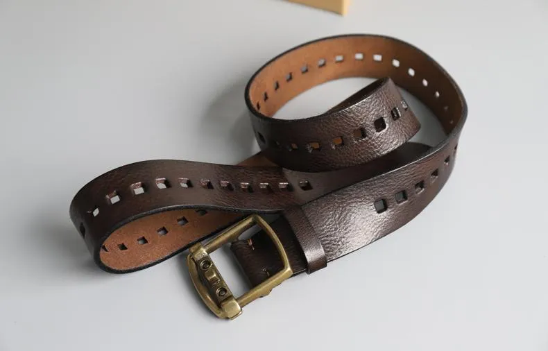 Vintage Male Individual Smooth Genuine Leather Pure Copper Pin Buckle Belt