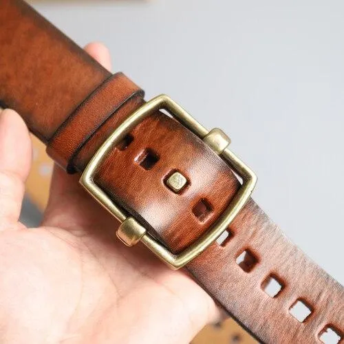 Vintage Male Individual Smooth Genuine Leather Pure Copper Pin Buckle Belt