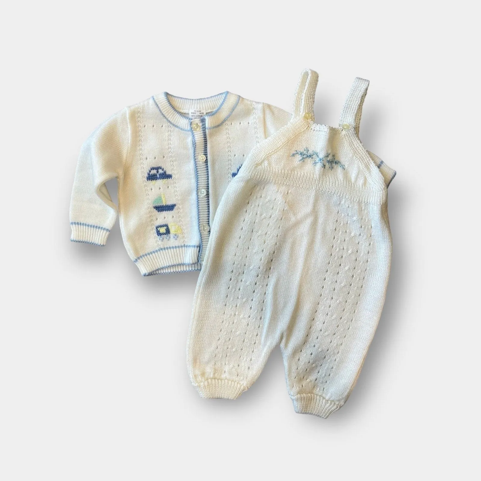 Vintage White Knit Overalls & Sweater Set 6-9 Months