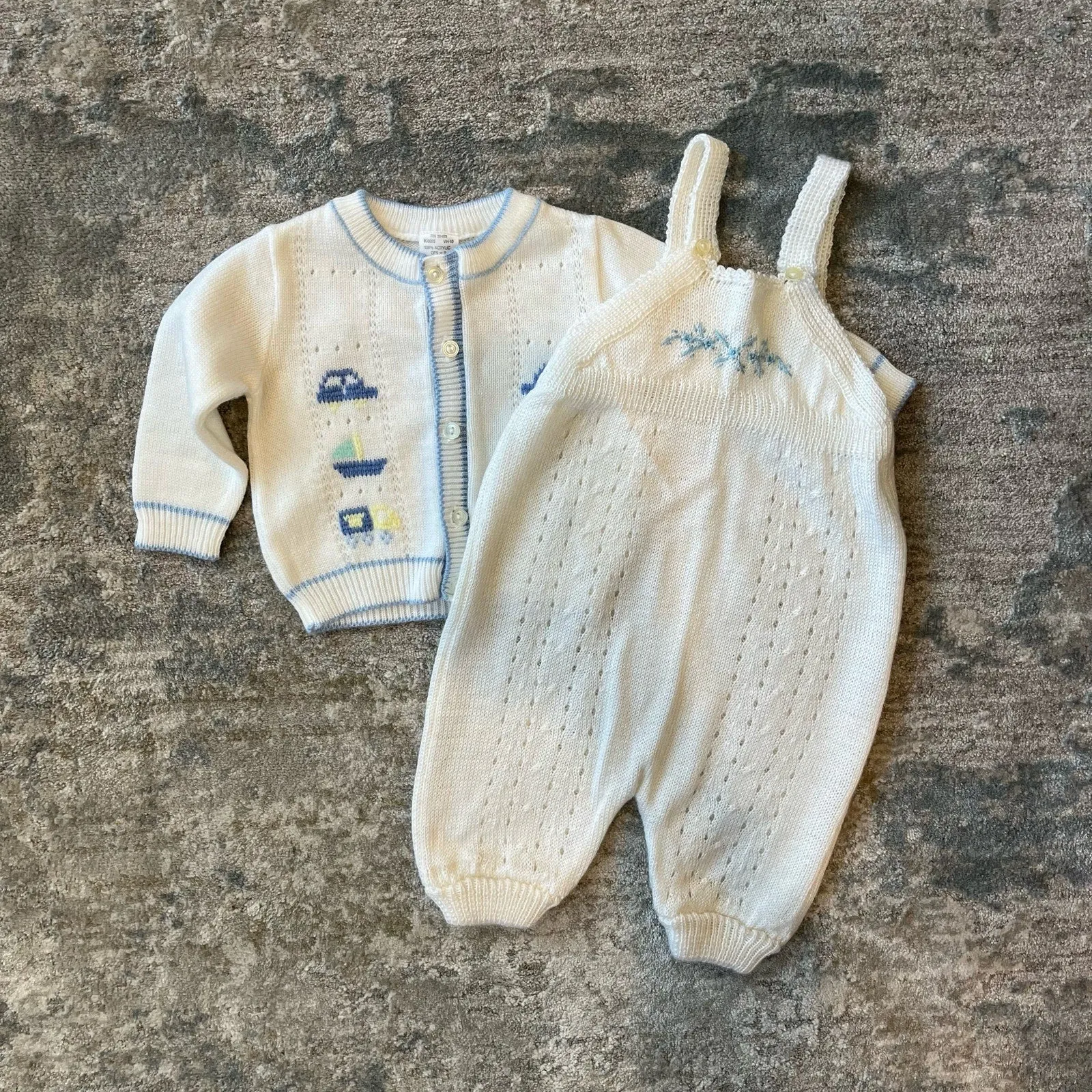 Vintage White Knit Overalls & Sweater Set 6-9 Months