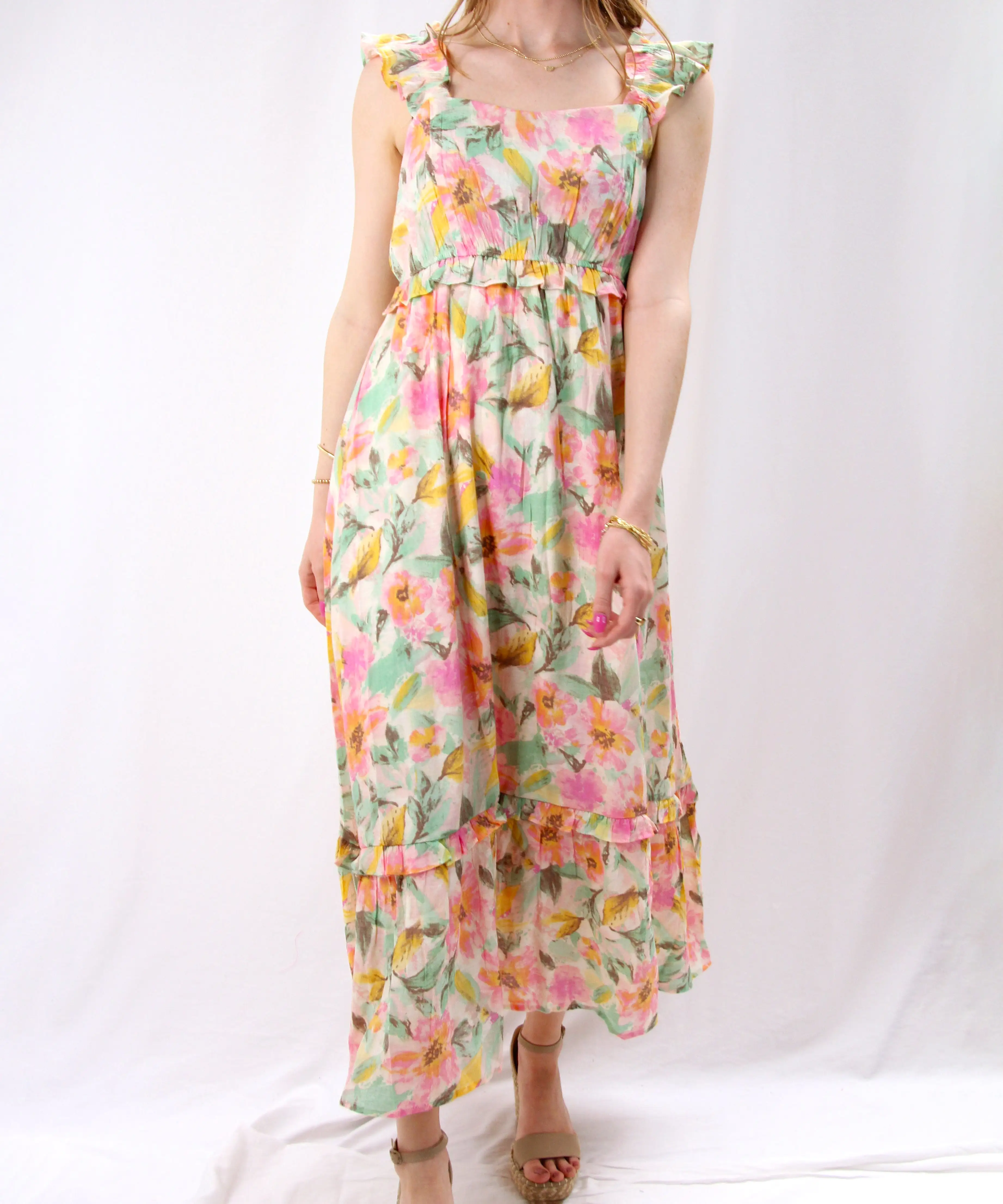 Watercolor Floral Midi Dress - Ivory Multi