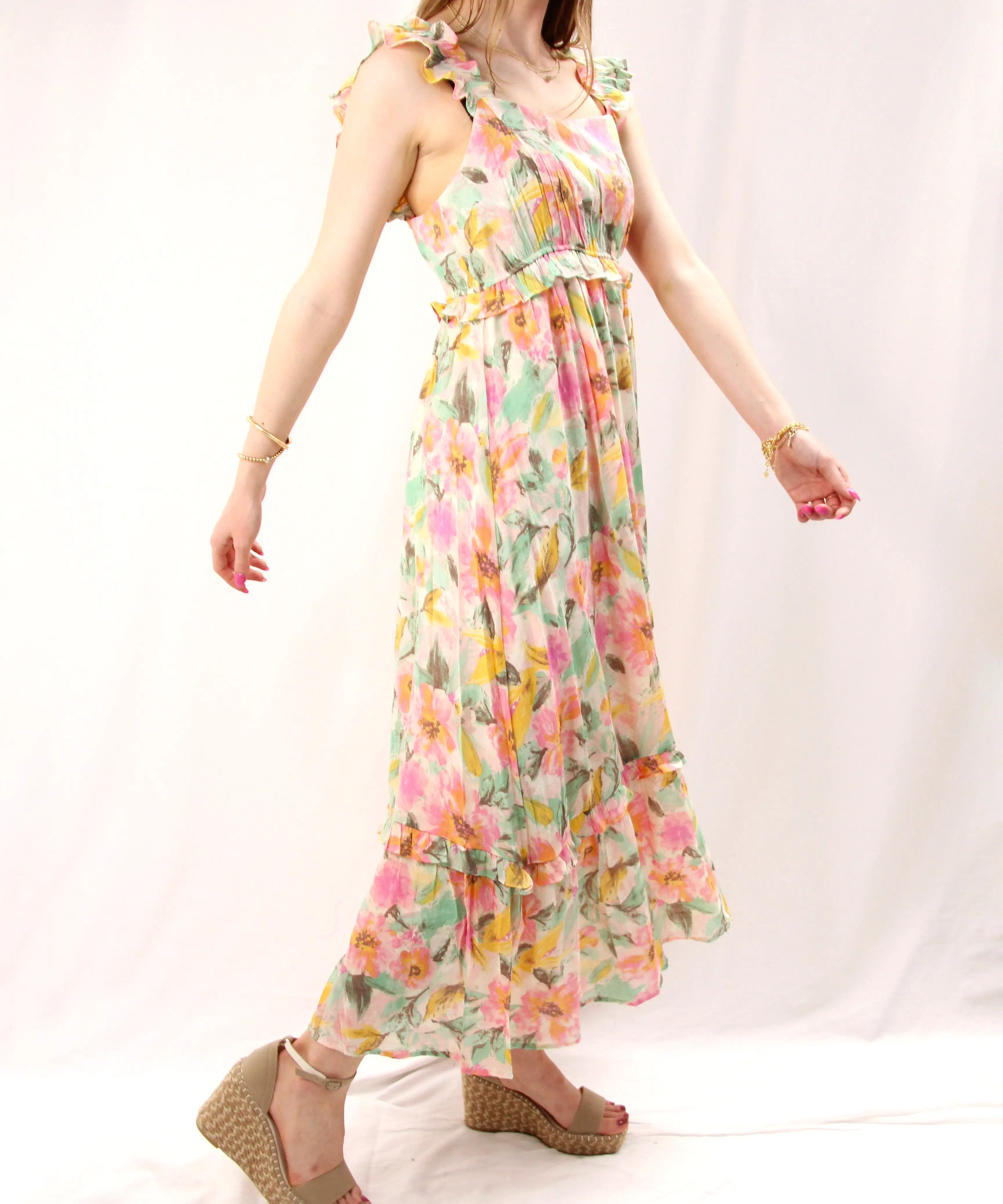 Watercolor Floral Midi Dress - Ivory Multi