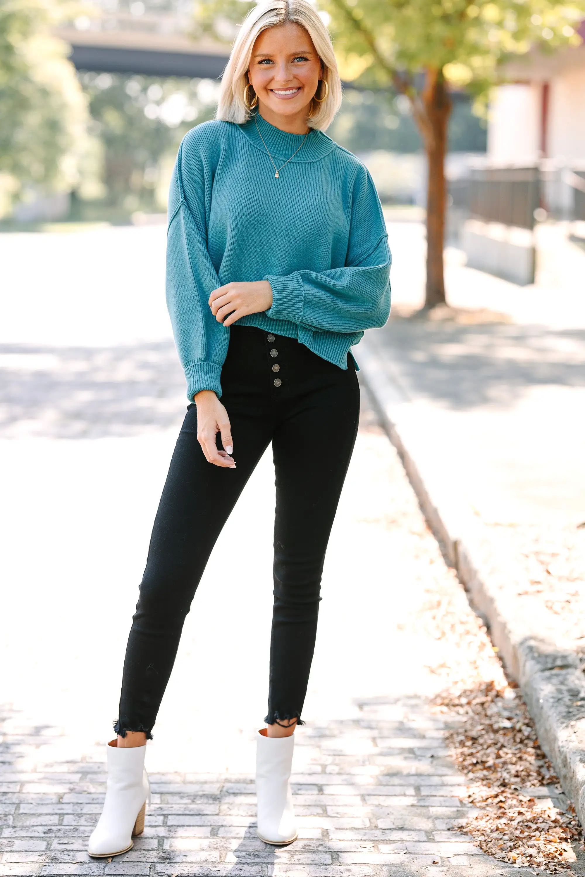 Where I Am Dusty Teal Blue Cropped Sweater