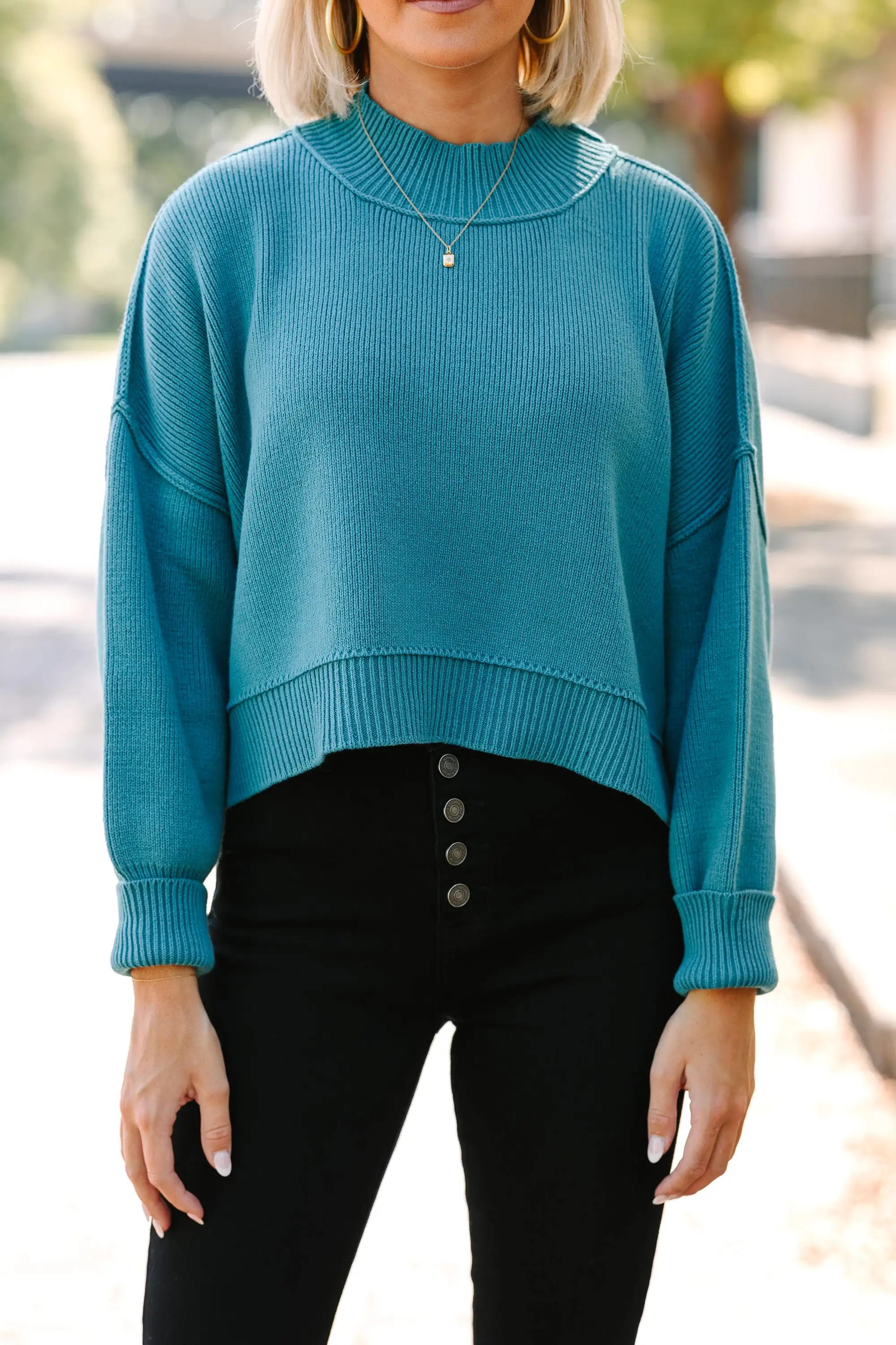 Where I Am Dusty Teal Blue Cropped Sweater