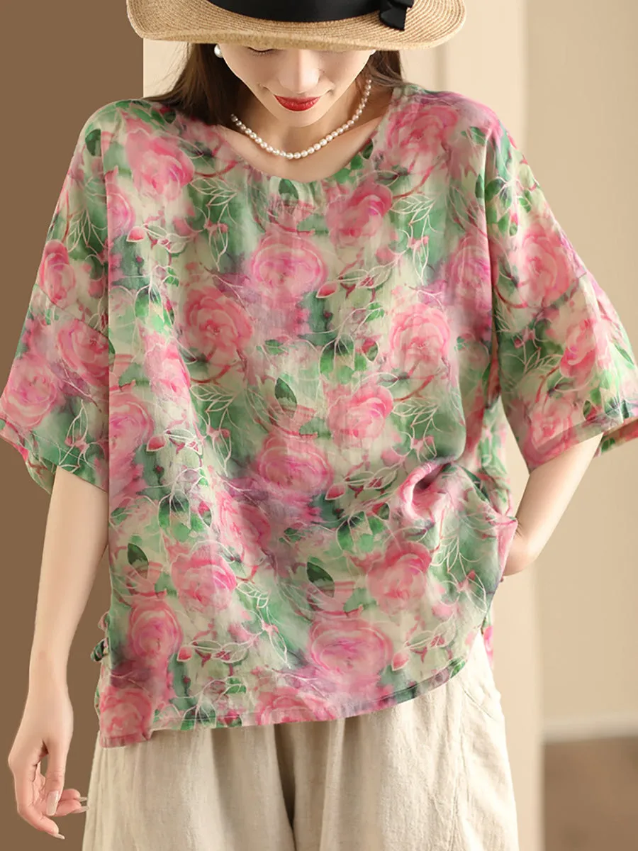 Women Artsy Floral Summer Ramie Pullover Shirt KL1016