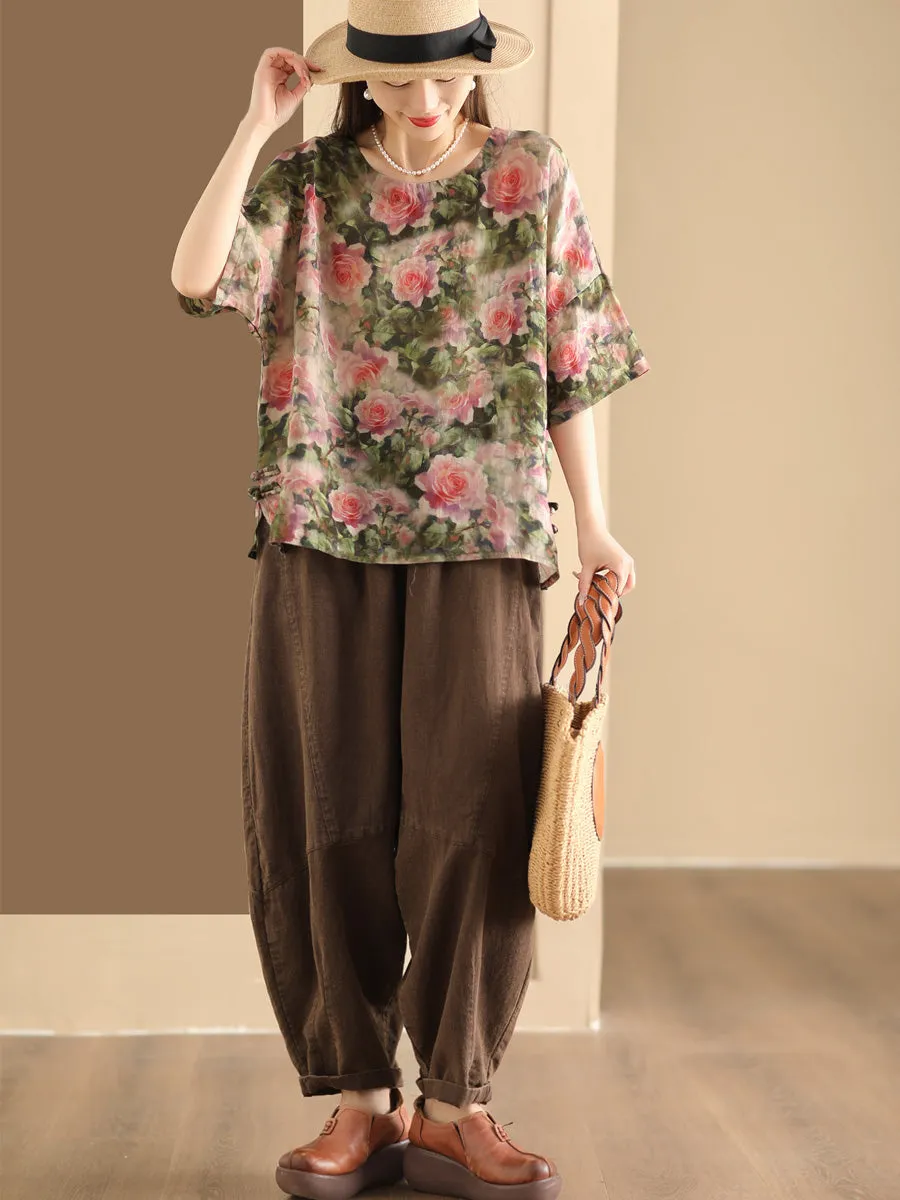 Women Artsy Floral Summer Ramie Pullover Shirt KL1016