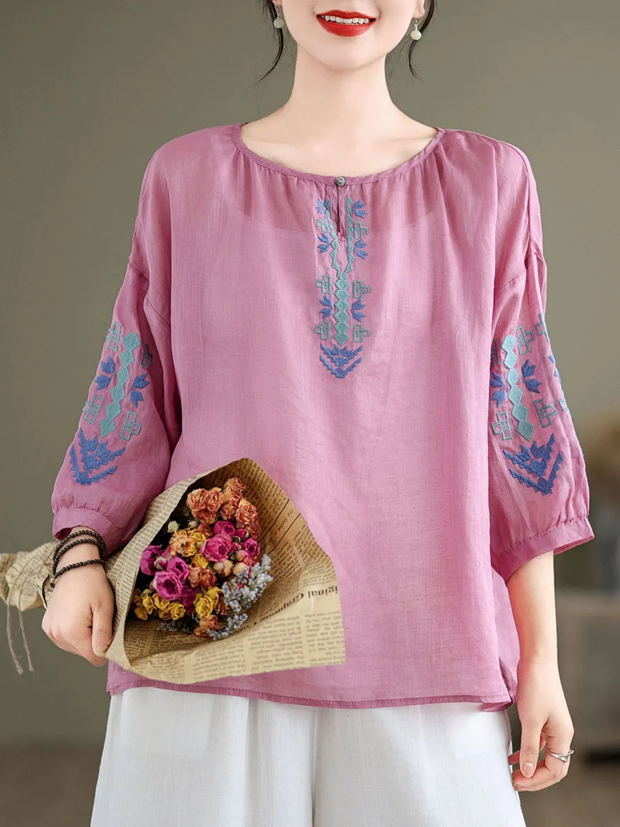 Women Artsy Summer Embroidery O-Neck Ramie Blouse KL1019