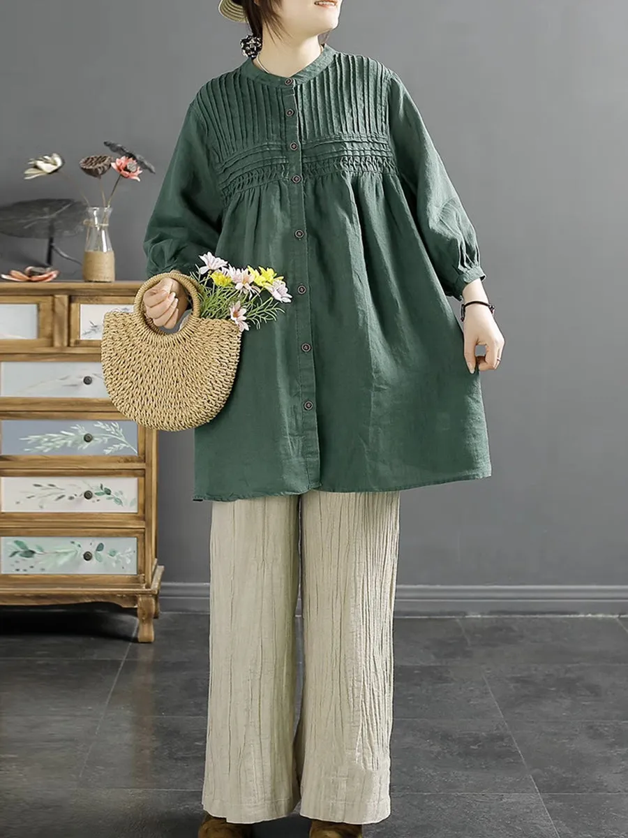 Women Artsy Summer Shirred Solid Linen Shirt SC1058