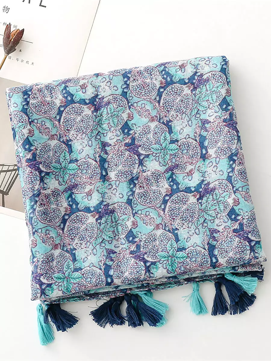 Women Summer Artsy Blue Pomegranate Flower Shawl Scarf SC1014