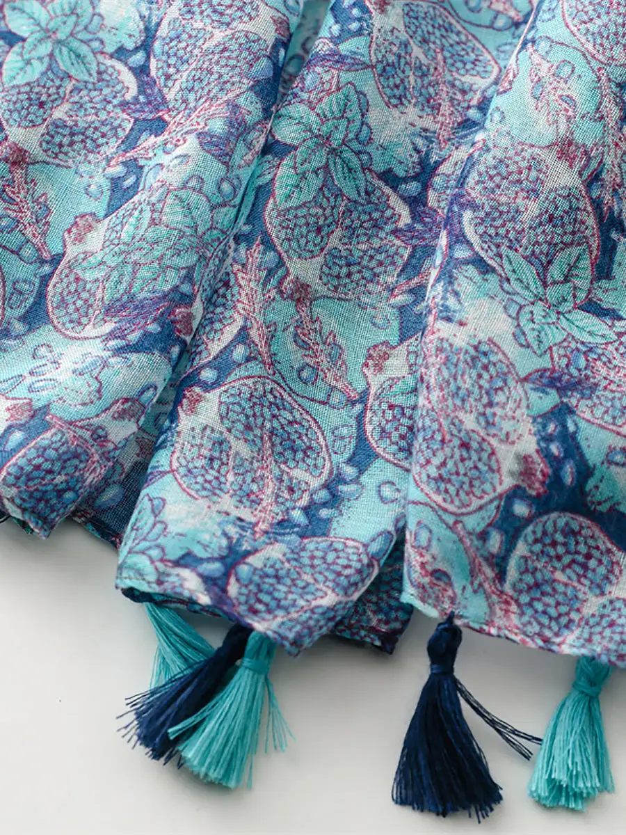 Women Summer Artsy Blue Pomegranate Flower Shawl Scarf SC1014